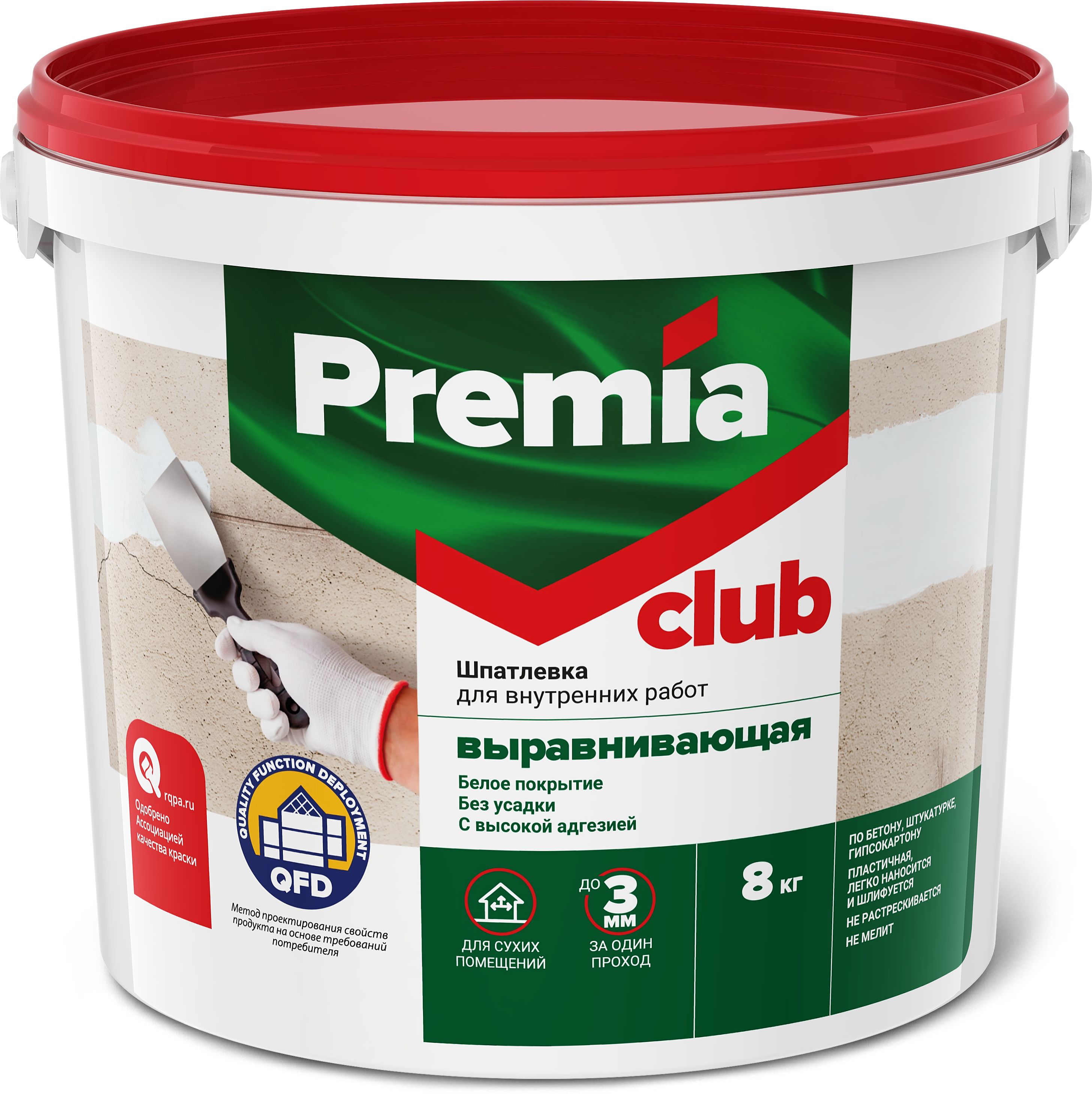Изображение товара Шпатлевка Premia Club выравнивающая для внутренних работ 8 кг, белая, готовая смесь