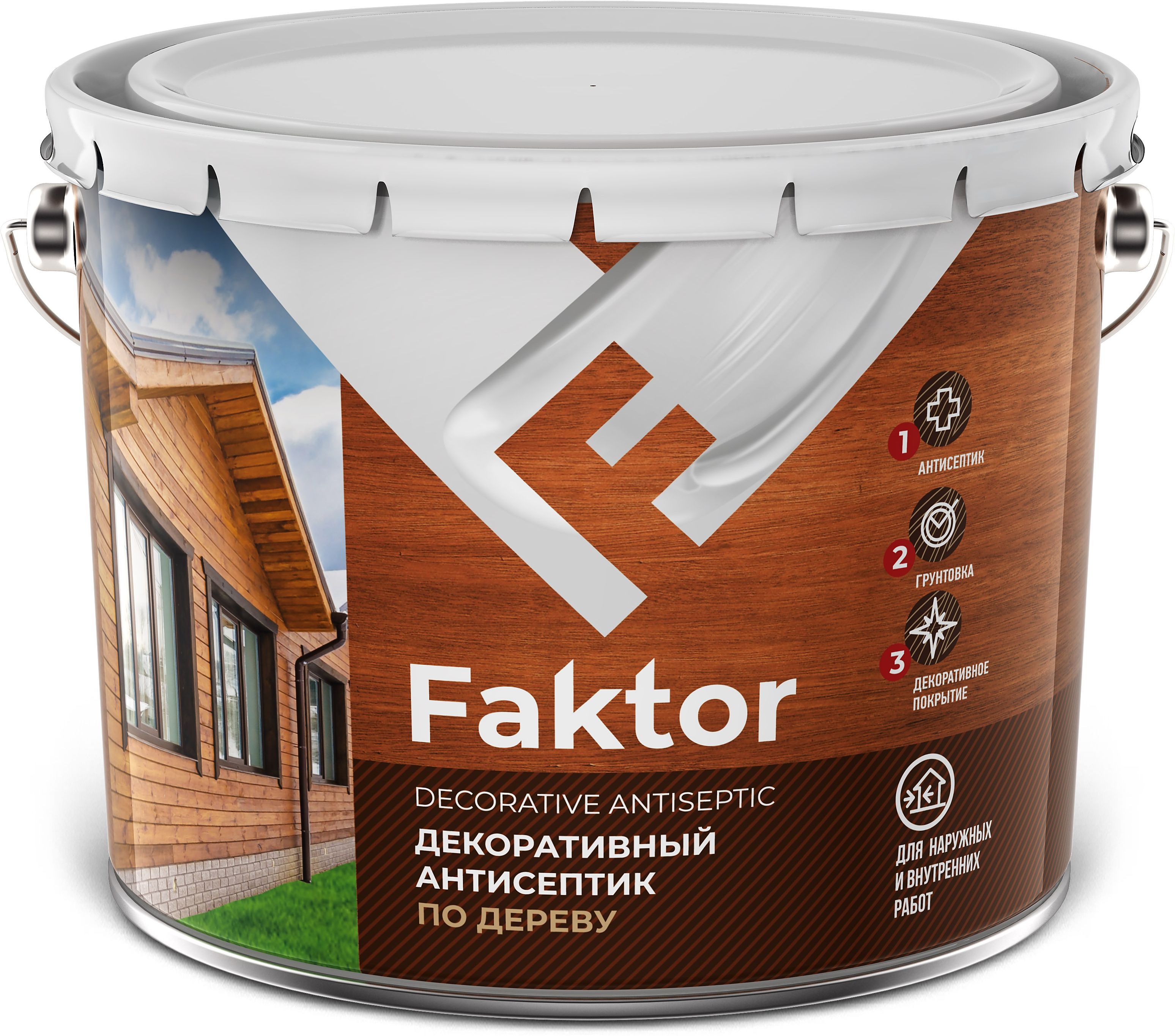 Изображение товара Антисептик FAKTOR 3в1 орех для дерева грунтовка защитное и декоративное покрытие 7,6 кг