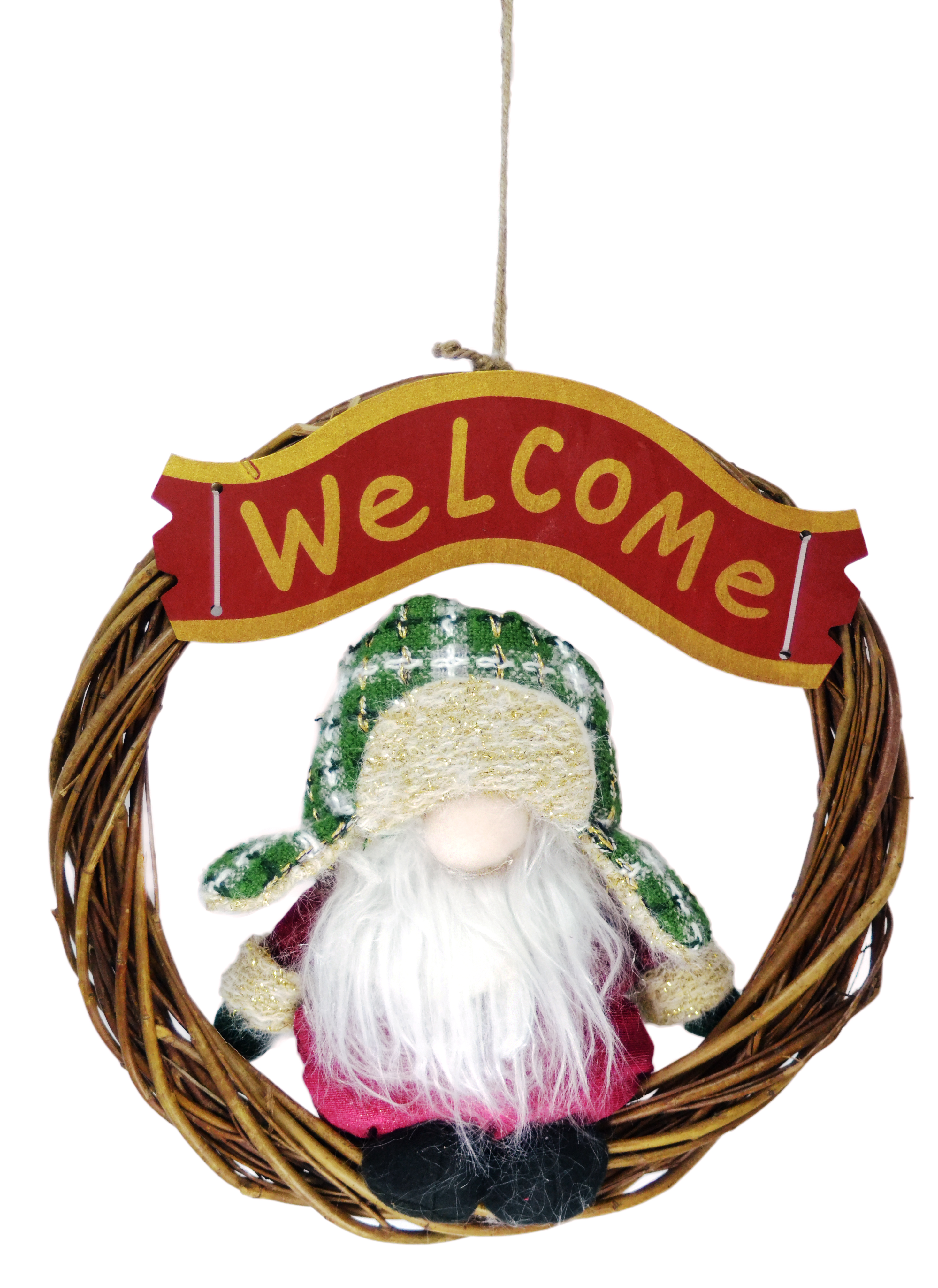 Изображение товара Венок с сантой ушанка красно-зеленый для новогоднего декора