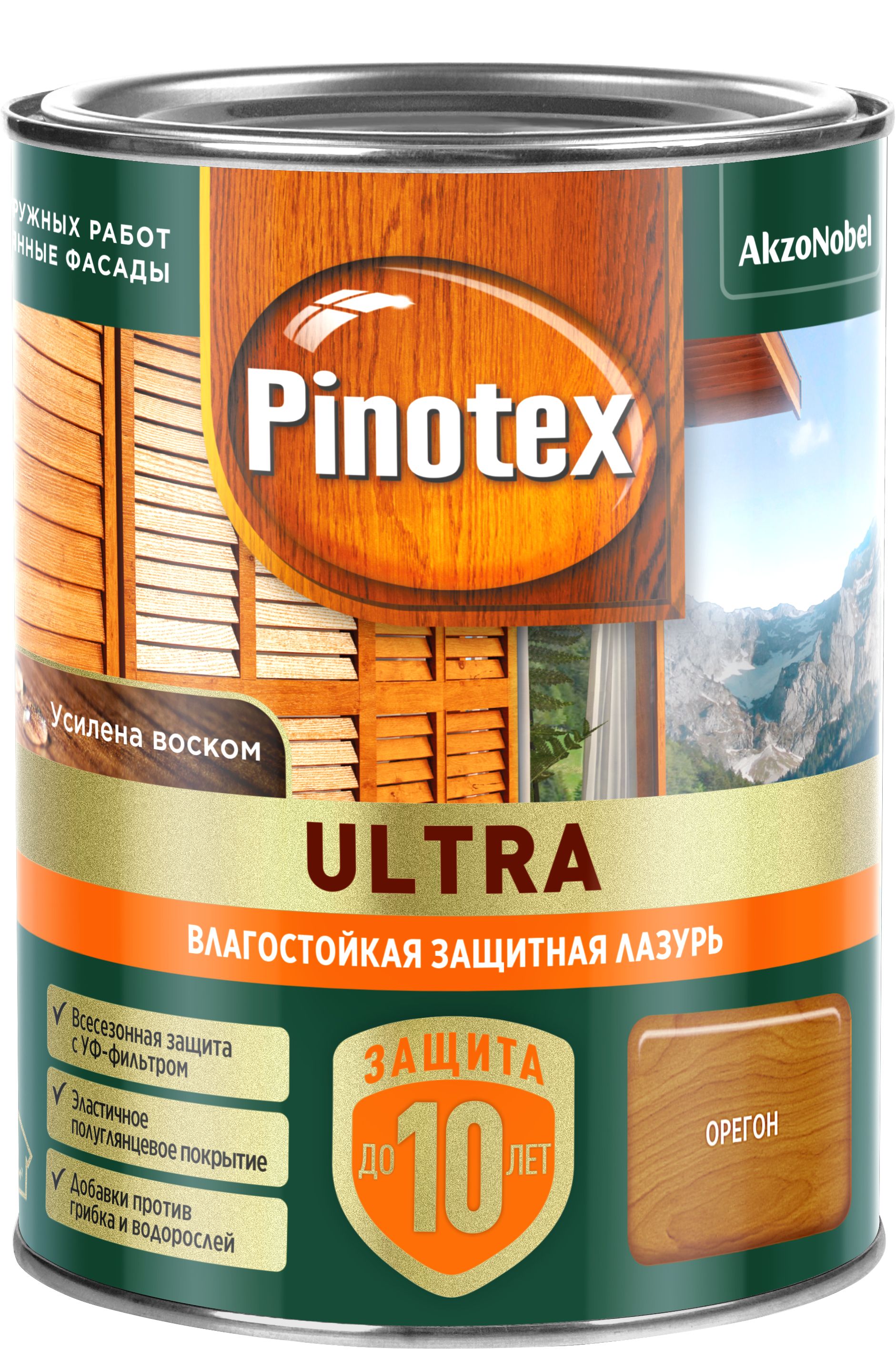 Изображение товара Влагостойкая лазурь Pinotex Ultra Орегон 0,9 л для внешних работ