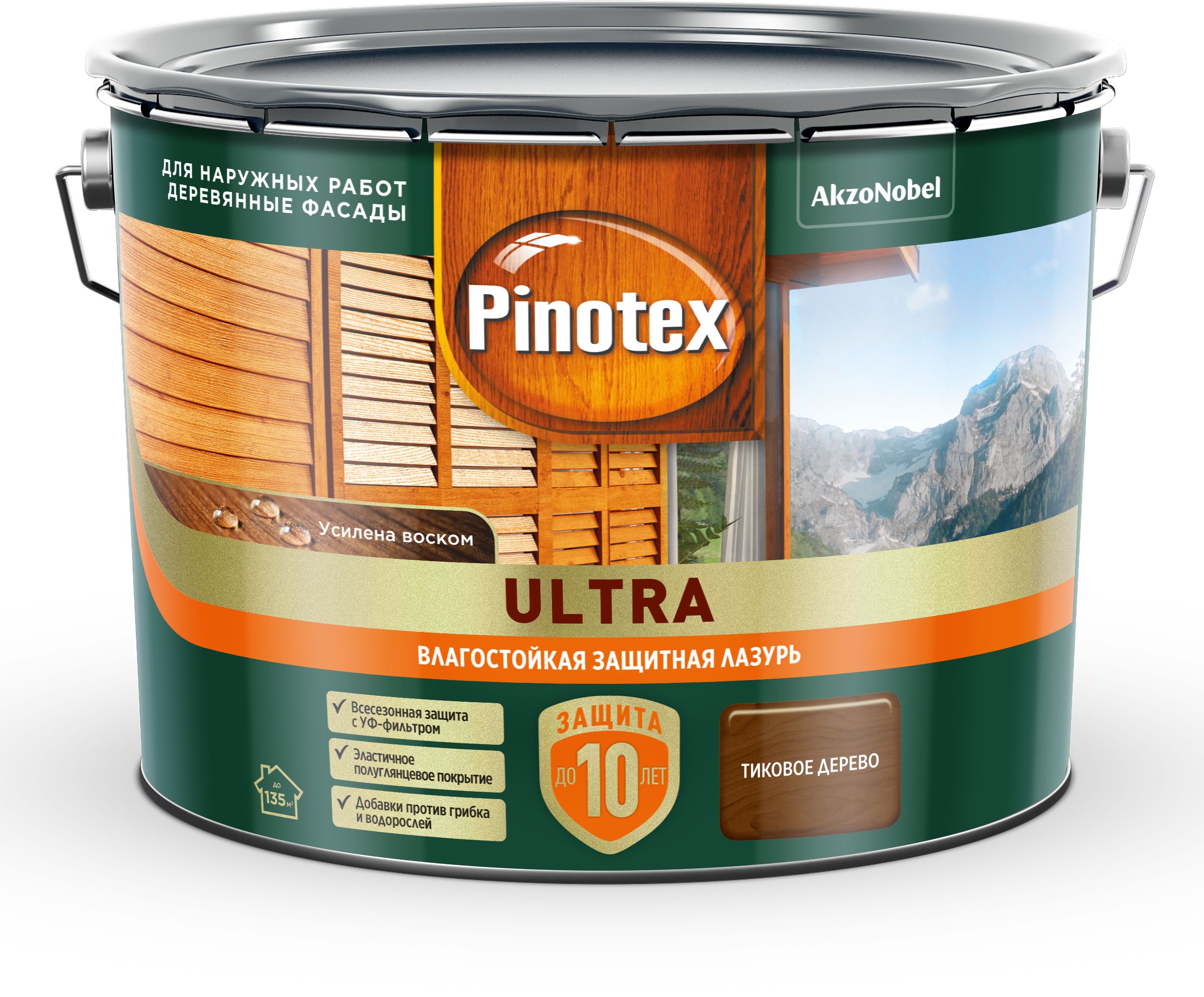 Изображение товара Влагостойкая лазурь Pinotex Ultra Тиковое дерево 9 л для наружных работ