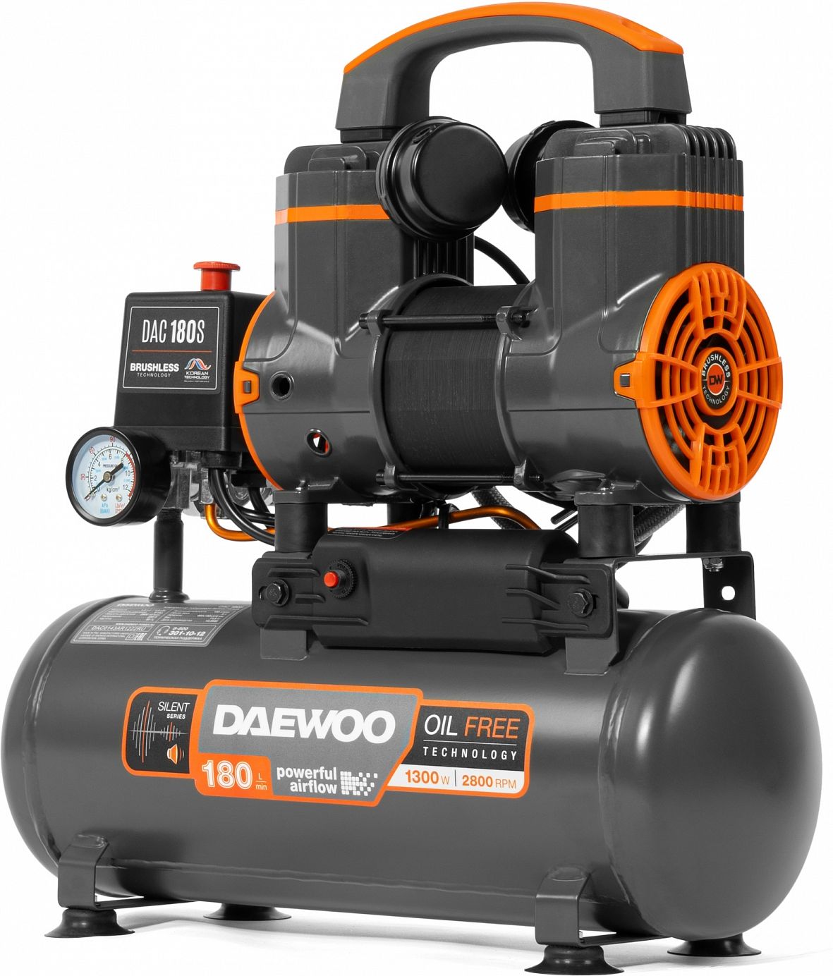 Изображение товара Безмасляный компрессор DAEWOO DAC 180S 1300Вт 8Л переносной