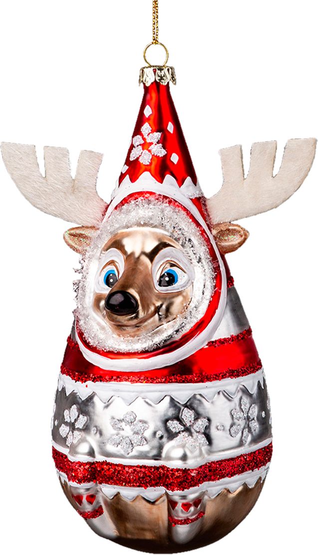 Изображение товара Украшение новогоднее из стекла Олень 15 см с рогами из шерсти для елки