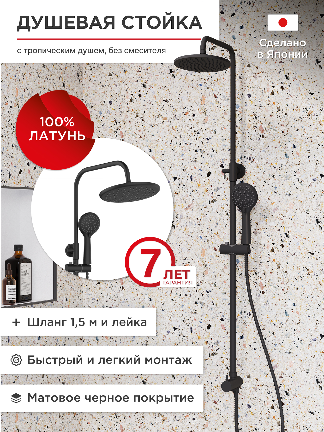 Изображение товара Душевая стойка без смесителя TOKITO серия RAIN BLACK черная с 5 режимами