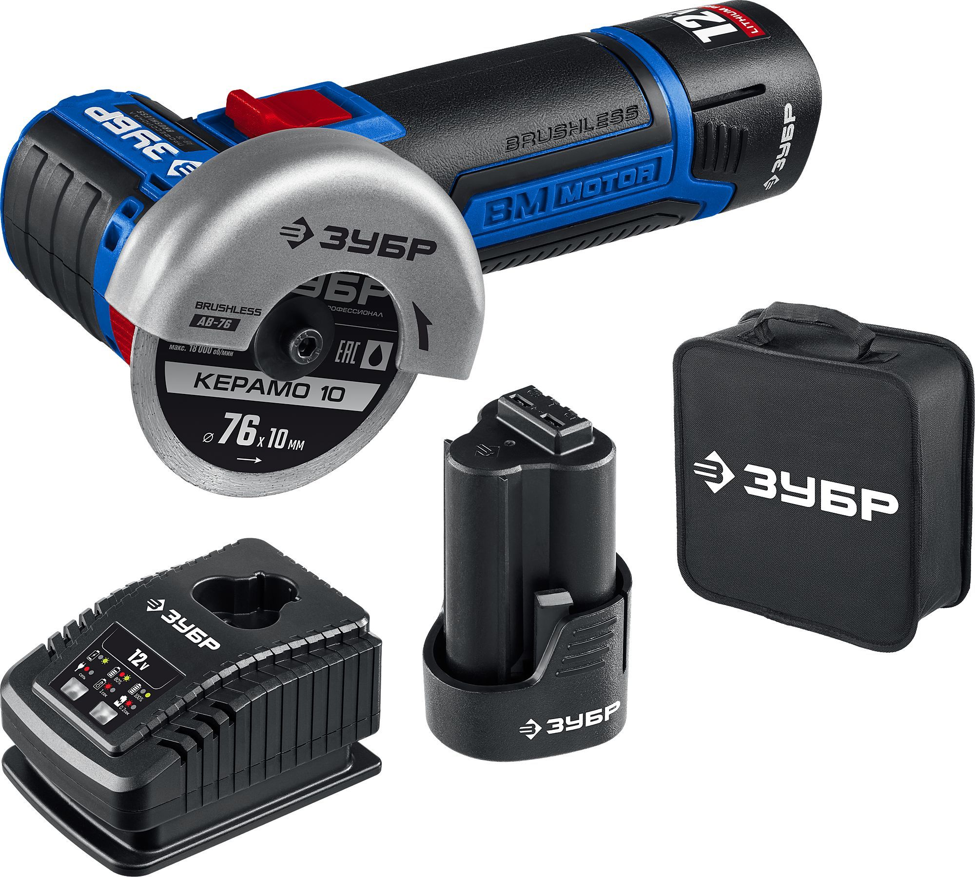 Изображение товара Угловая шлифмашина ЗУБР Профессионал AB-76-22 с 2 АКБ и быстрым зарядом