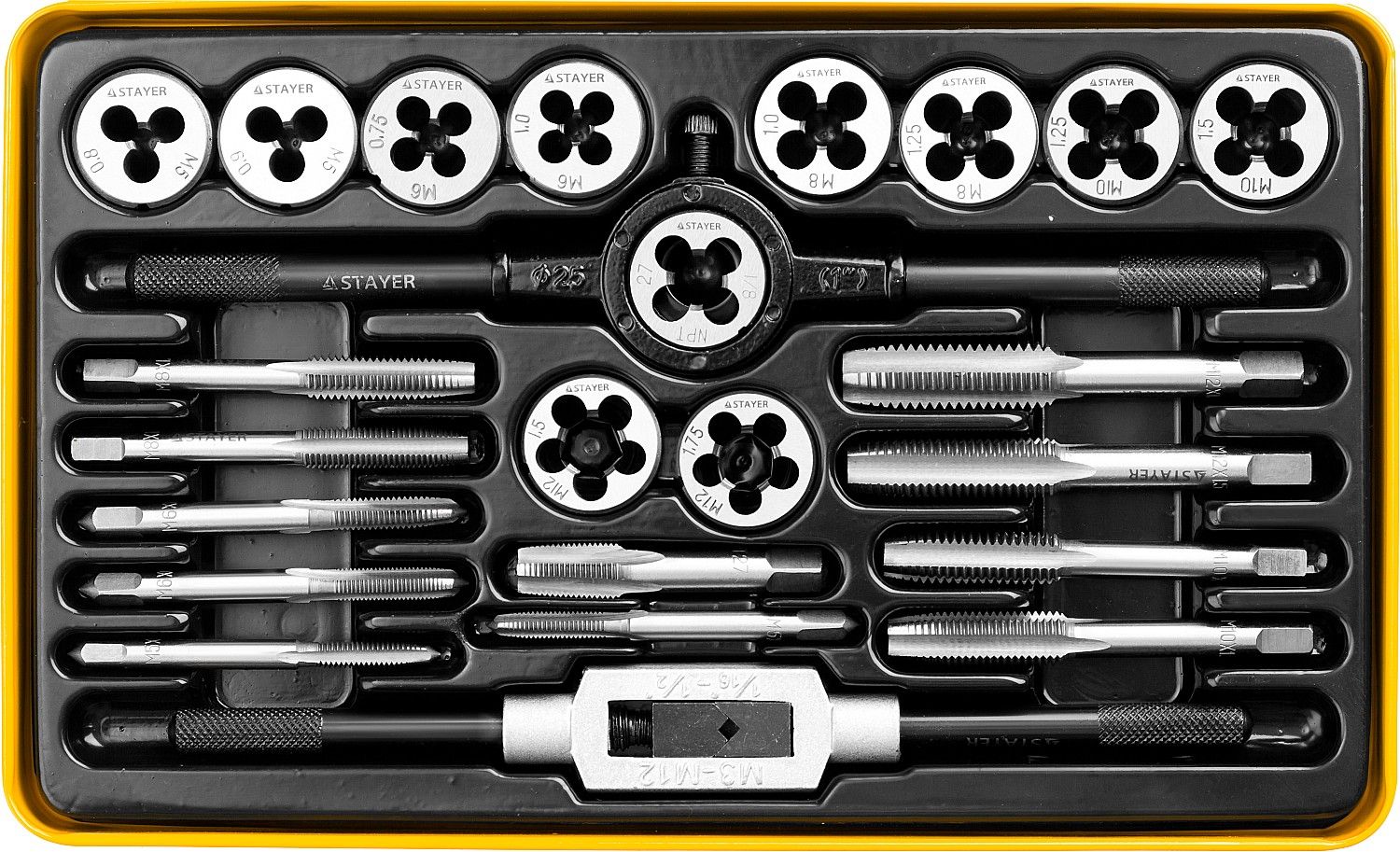 Изображение товара Набор метчиков и плашек STAYER MaxCut 24 предмета из легированной стали для резьбонарезания