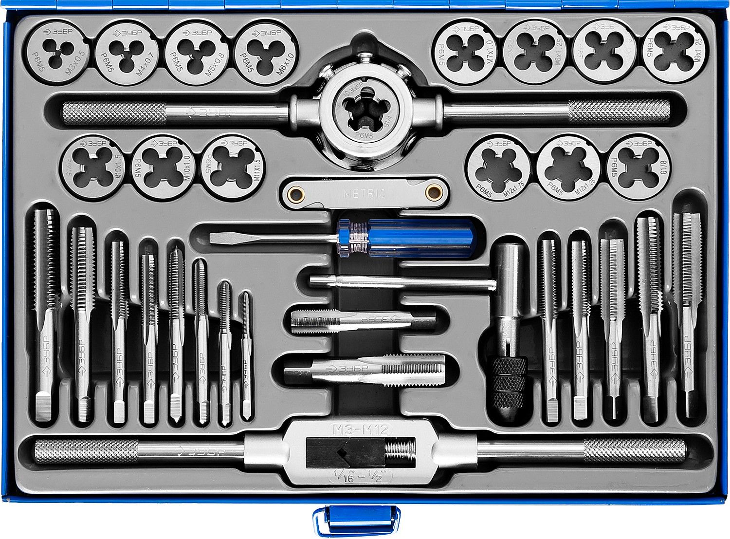 Изображение товара ЗУБР 35 предметов набор метчиков и плашек сталь Р6М5 профессиональный инструмент