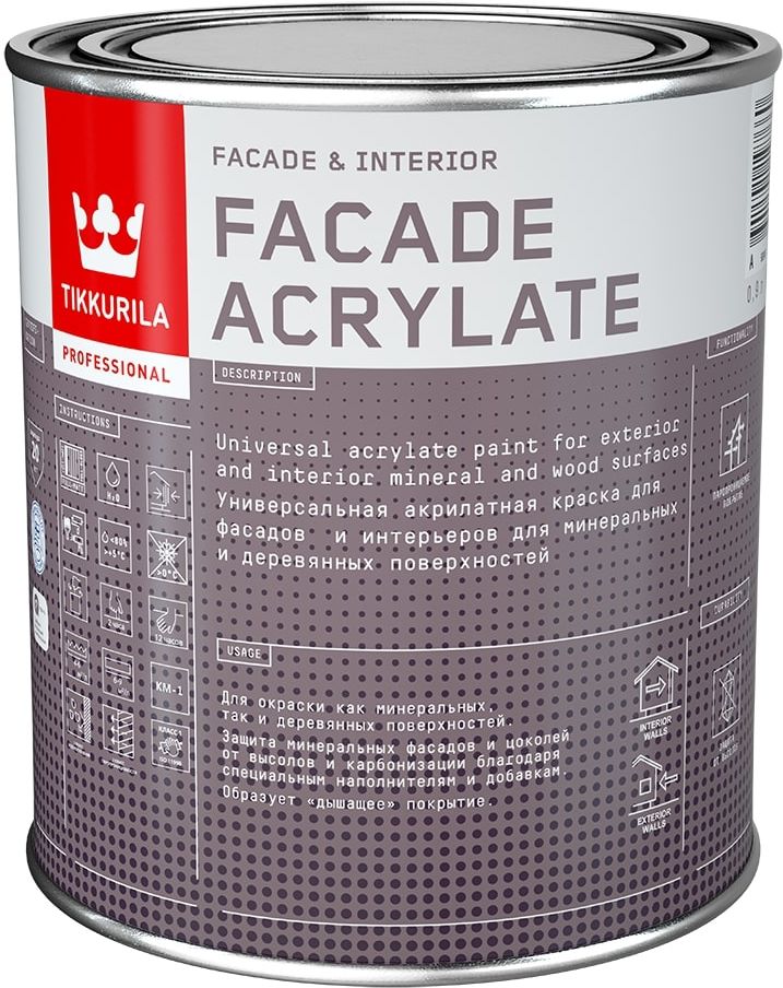 Изображение товара Фасадная краска Tikkurila Facade Acrylate A 0,9л глянцевая/матовая для наружных и внутренних работ