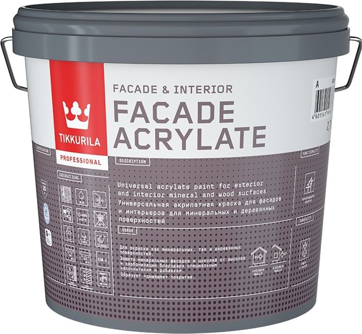 Изображение товара Фасадная акрилатная краска Tikkurila Tikkivala Facade Acrylate A 2,7л глубокоматовая для наружных и