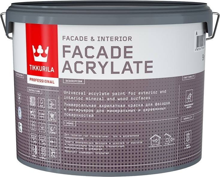 Изображение товара Фасадная краска Tikkurila Facade Acrylate A глянцевая/матовая 9л для наружных и внутренних работ