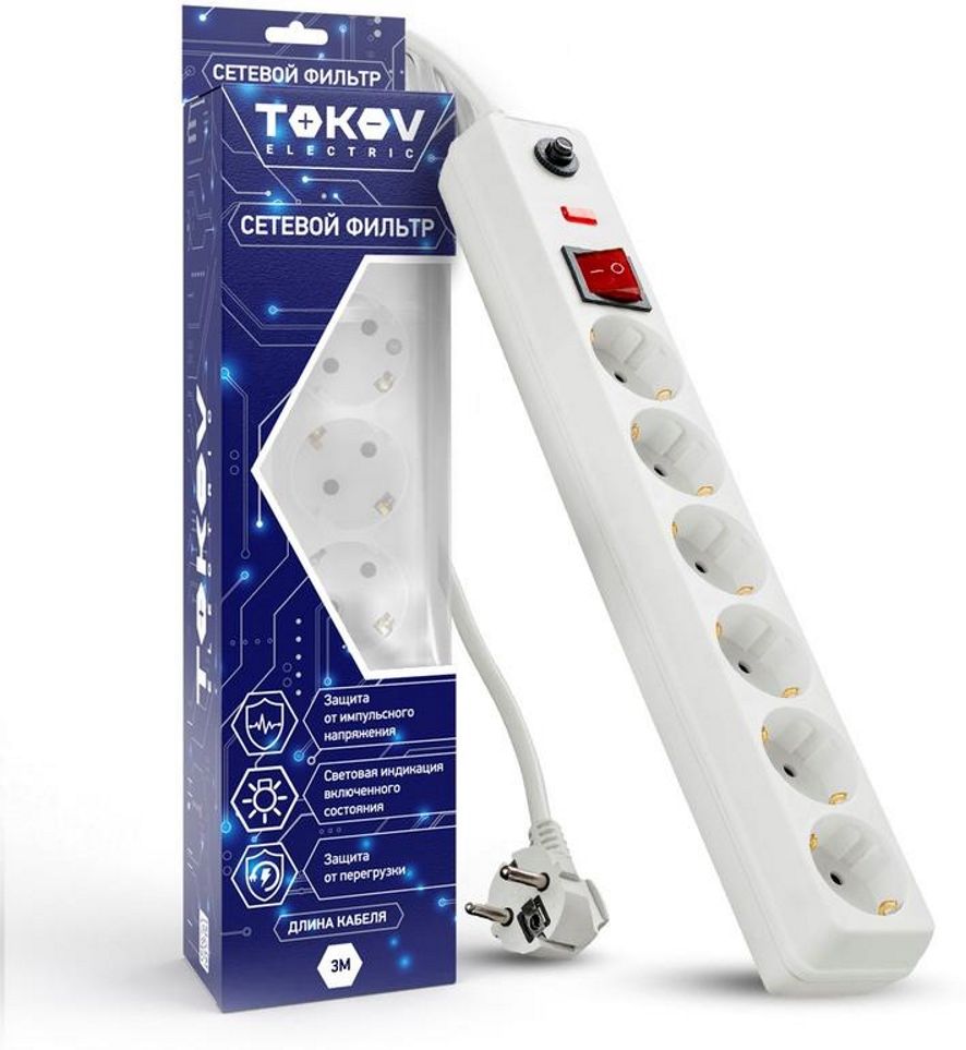 Изображение товара Удлинитель с сетевым фильтром 6 гнезд 3м TOKOV ELECTRIC TKE-C01-SF6-3-ZV