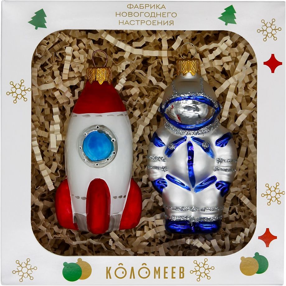 Изображение товара Набор елочных украшений космической тематики из стекла ручной росписи 4 шт