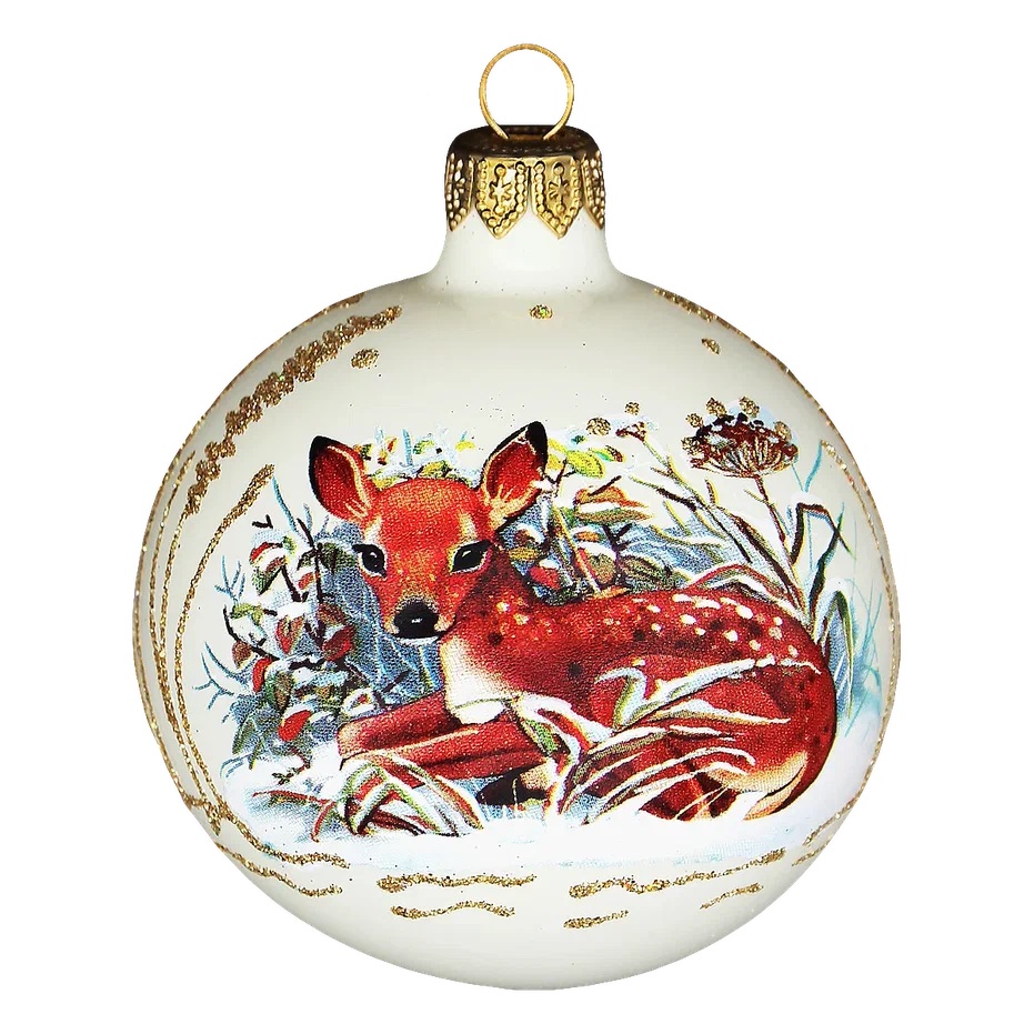 Изображение товара Стеклянный ёлочный шар оленёнок под кустом ручная роспись 90 мм