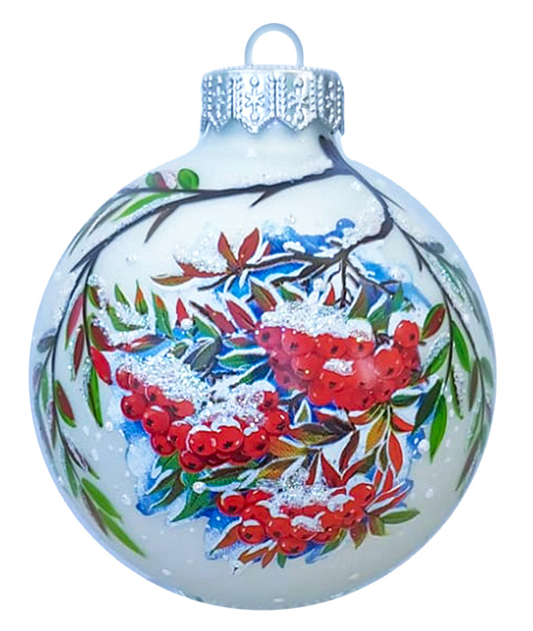 Изображение товара Стеклянный елочный шар снежная рябина ручная роспись 90мм 24 шт