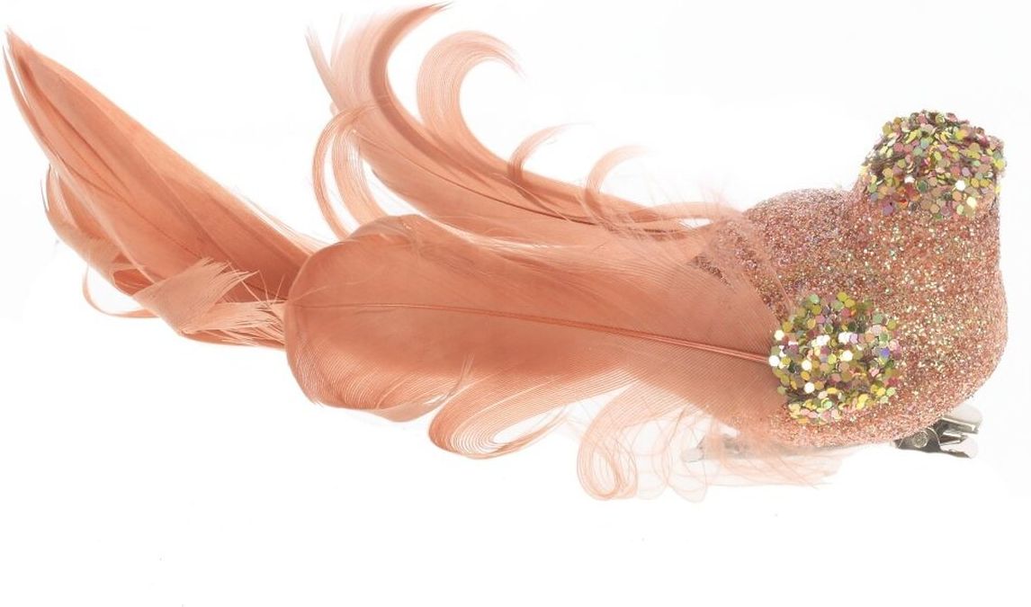 Изображение товара Декоративная птичка для елки из ткани с перьями и блестками 11x4x4,5 см