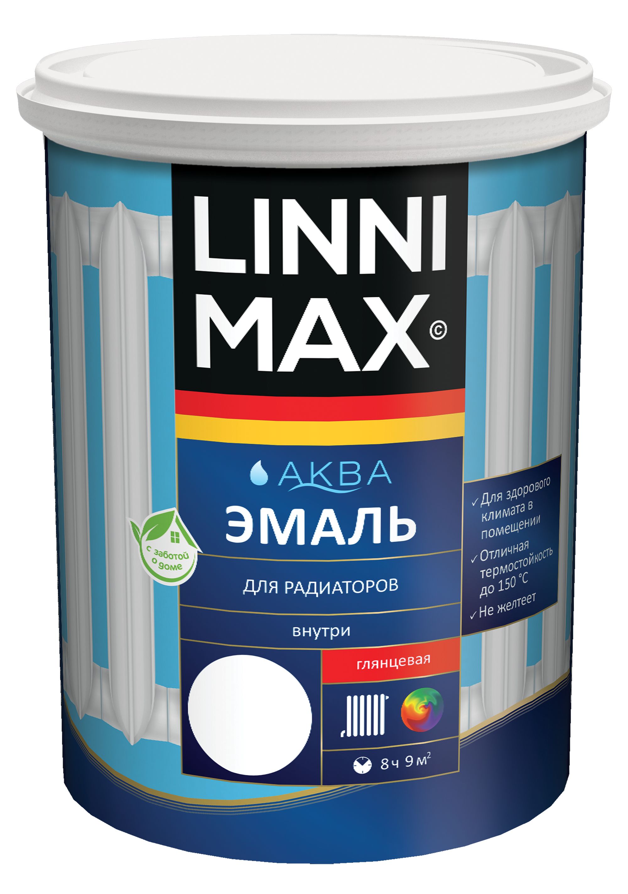 Изображение товара Эмаль водно-дисперсионная LINNIMAX Аква Эмаль для радиаторов 0,9 л белая глянцевая термостойкая