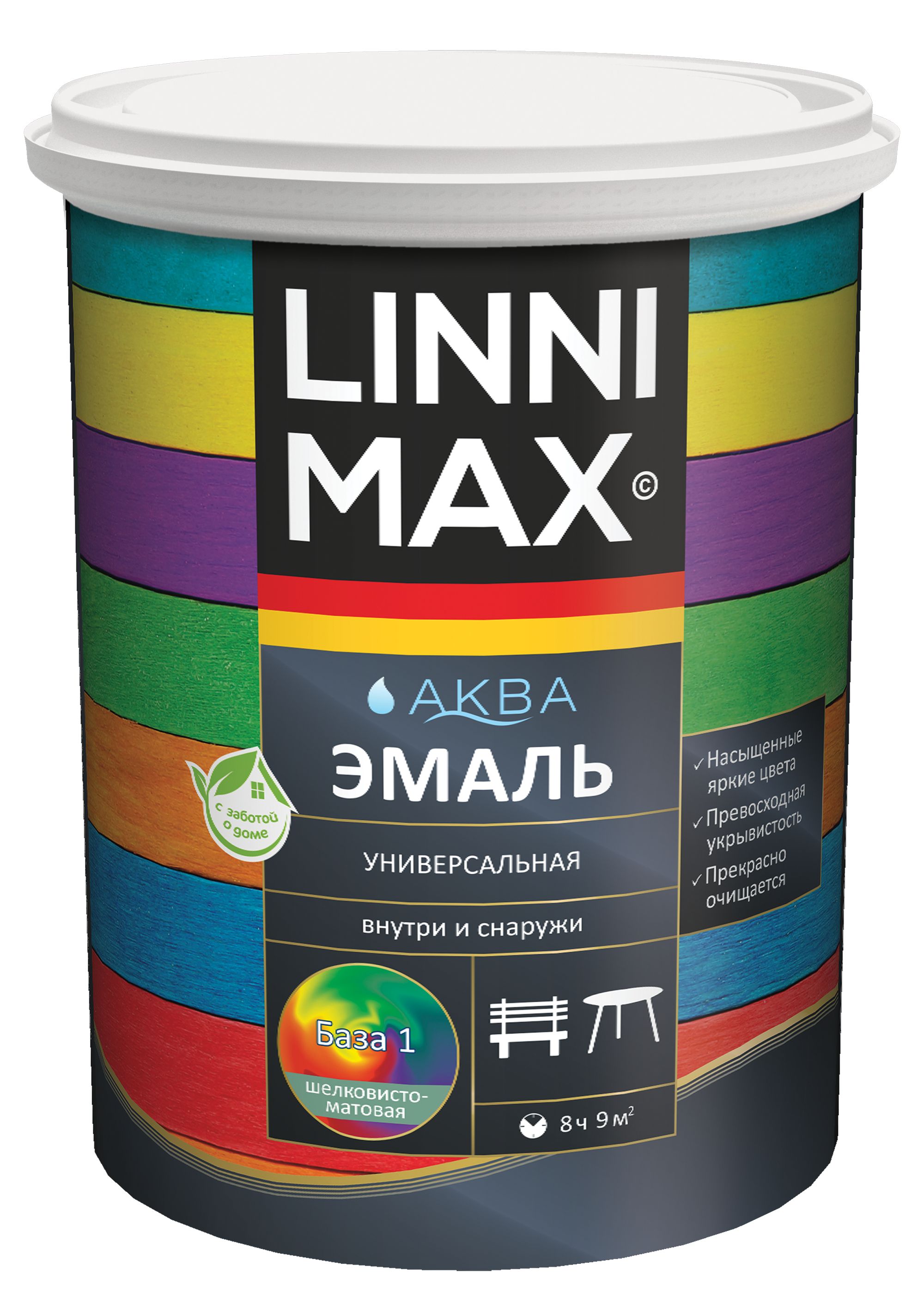 Изображение товара Эмаль водно-дисперсионная LINNIMAX Аква шелковисто-матовая База 1 0,9 л для мебели и интерьера