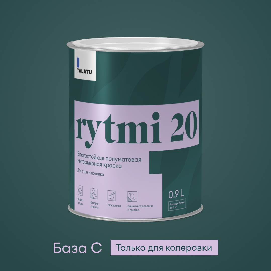Изображение товара Влагостойкая полуматовая акриловая краска TALATU RYTMI 20 для внутренних работ, 0.9 л