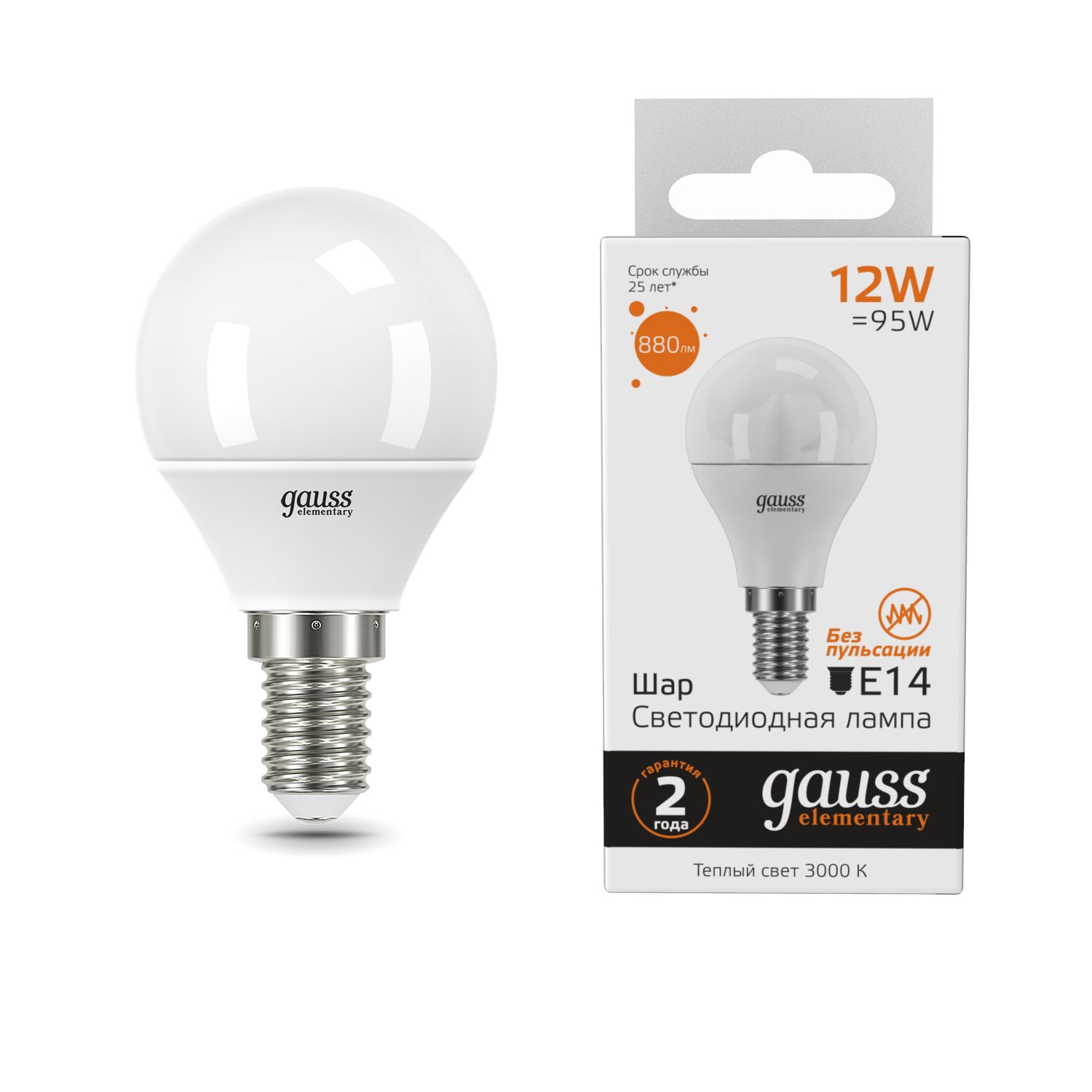 Изображение товара Лампа Gauss Elementary Шар 12W 880lm 3000K Е14 LED
