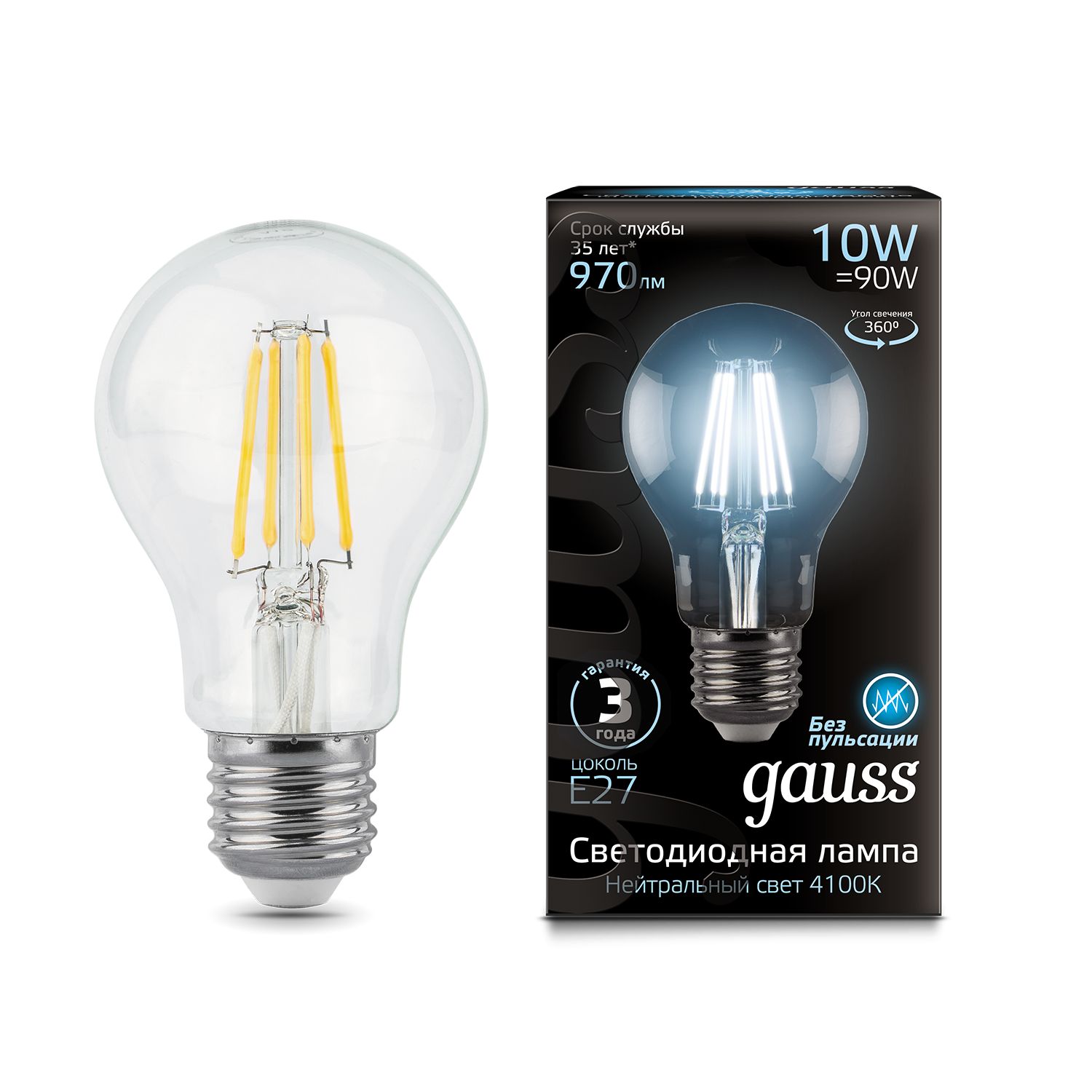 Изображение товара Лампа Gauss Filament А60 10W 970lm 4100K E27 LED - яркое освещение