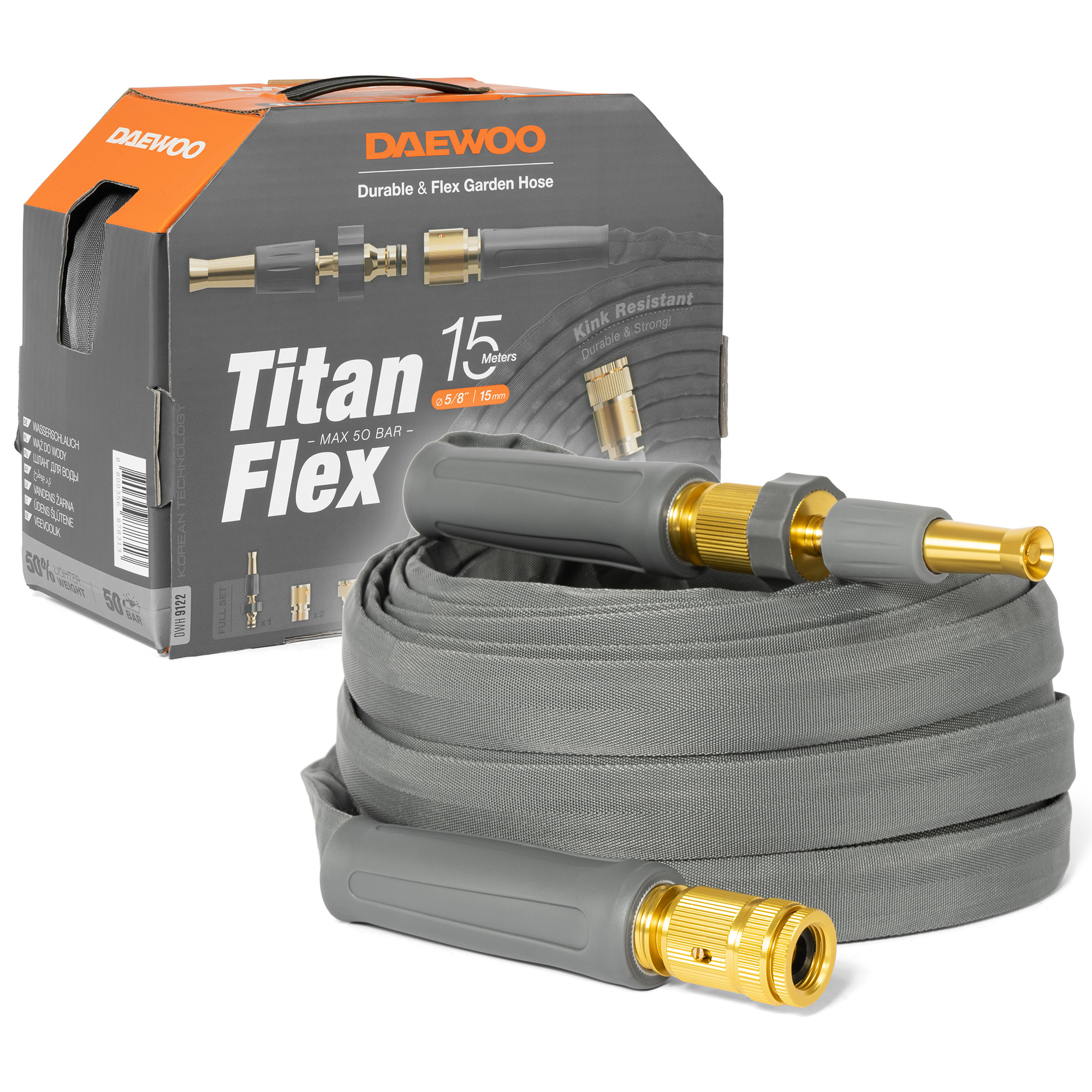Изображение товара Шланг садовый DAEWOO TitanFlex 15 м 5/8 дюйма гибкий и прочный