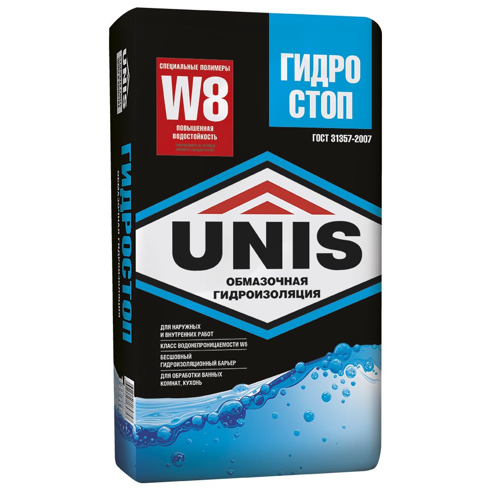 Изображение товара Гидроизоляция обмазочная UNIS ГИДРОСТОП W8 18 кг для внутренних и наружных работ
