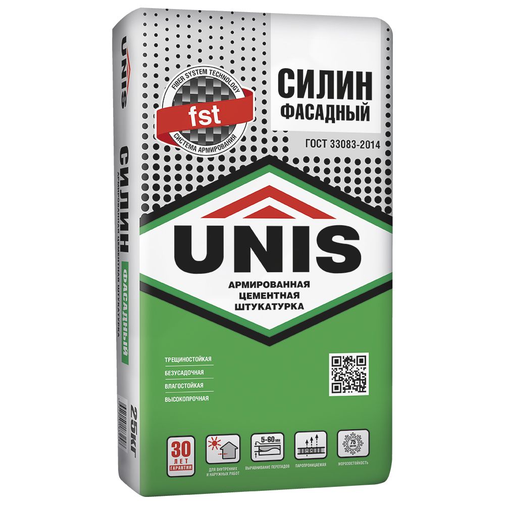 Изображение товара Штукатурка цементная армированная UNIS СИЛИН ФАСАДНЫЙ 25 кг для внутренних и наружных работ