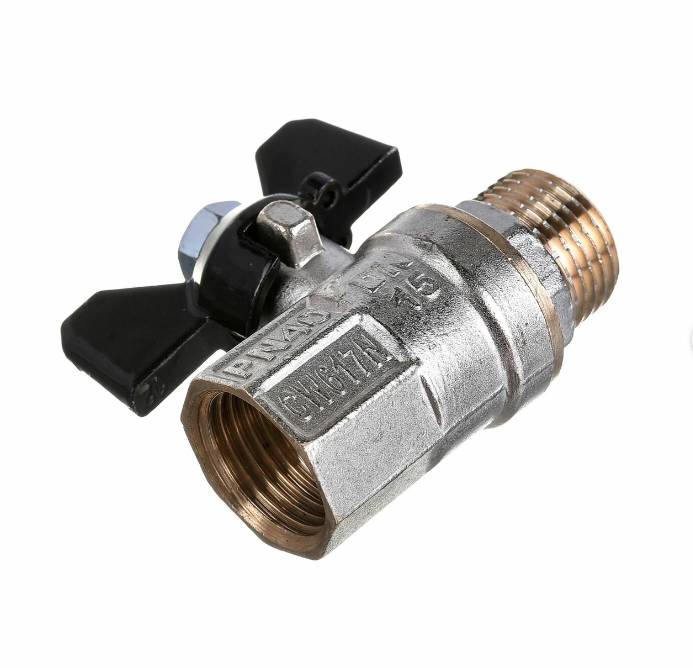 Изображение товара Кран шаровой латунный 1/2"PN40, бабочка, никель, RTP