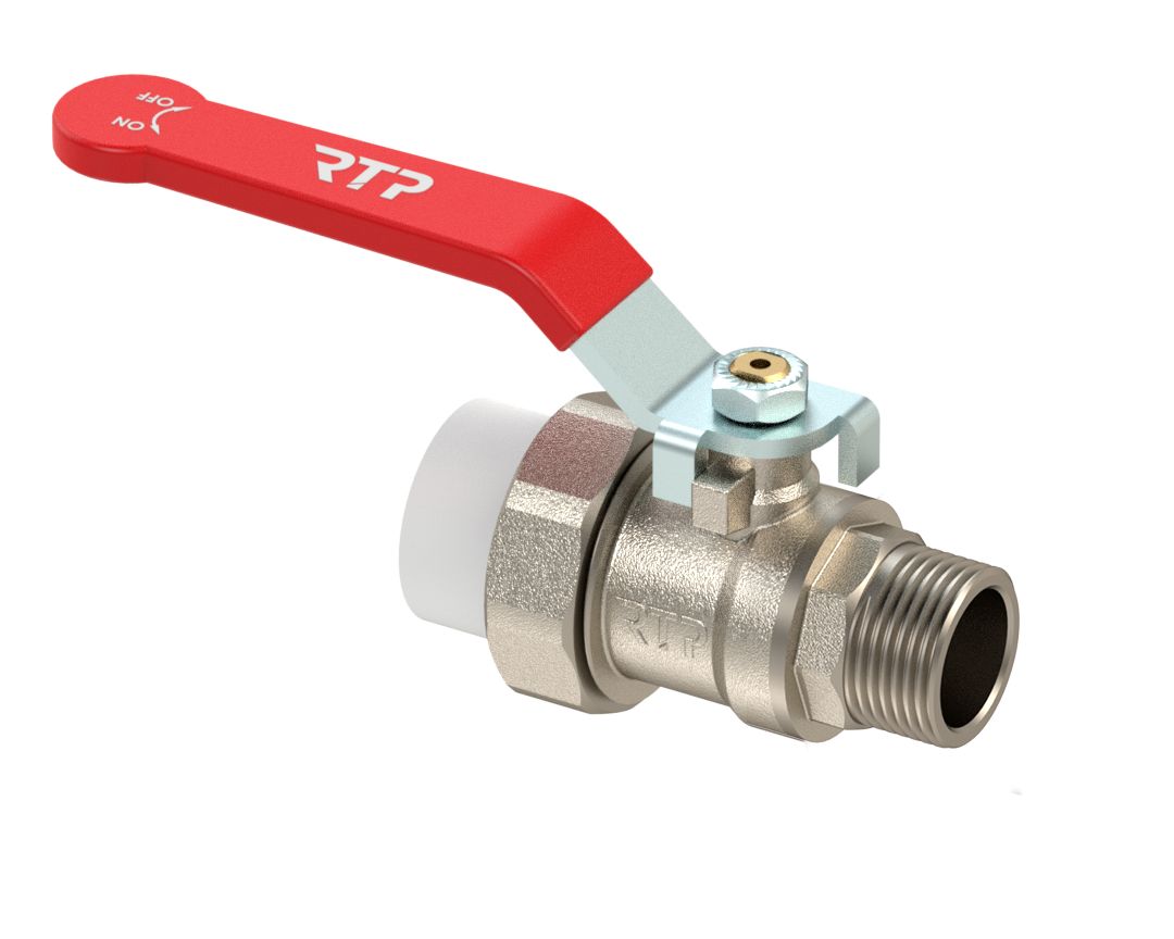 Изображение товара Кран шаровой ручка рычаг латунь с переходом на трубу PPR 20х1/2 никель RTP