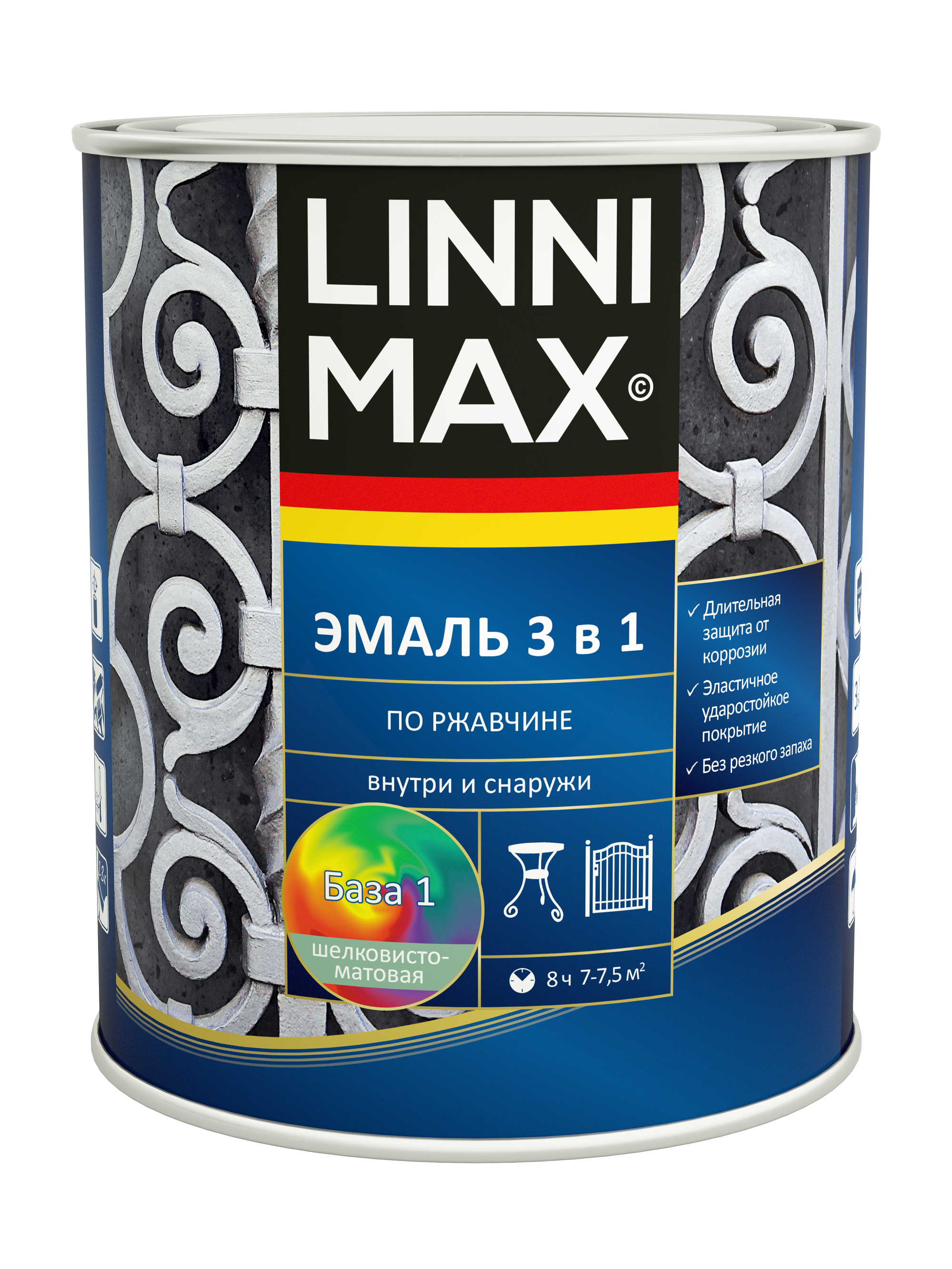 Изображение товара Эмаль LINNIMAX алкидно-уретановая по ржавчине 3 в 1 0,75л для металла наружная