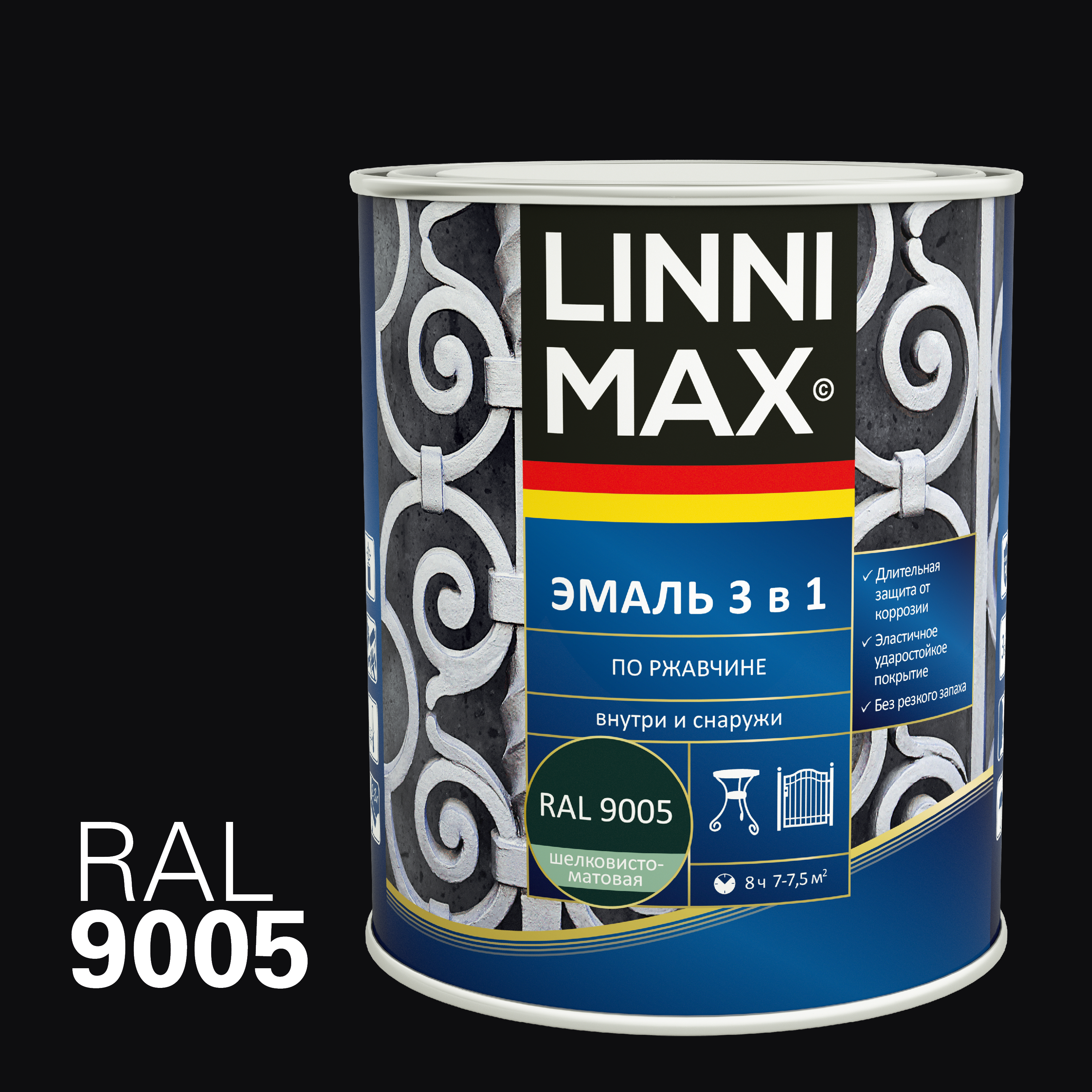 Изображение товара Эмаль LINNIMAX алкидно-уретановая по ржавчине 3 в 1 черная 0,75л