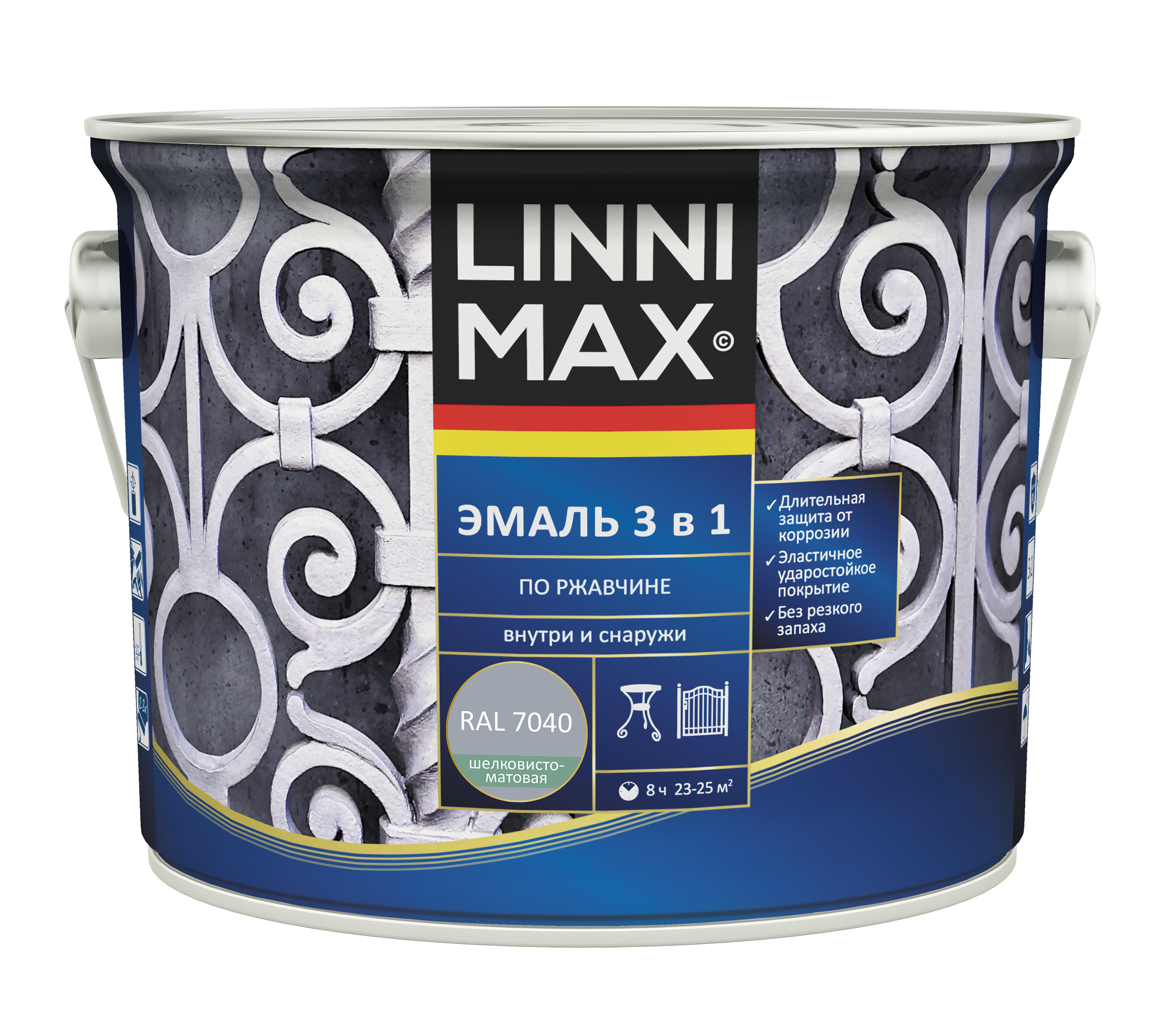 Изображение товара Эмаль LINNIMAX алкидно-уретановая по ржавчине 3 в 1 2,5л серая для металла