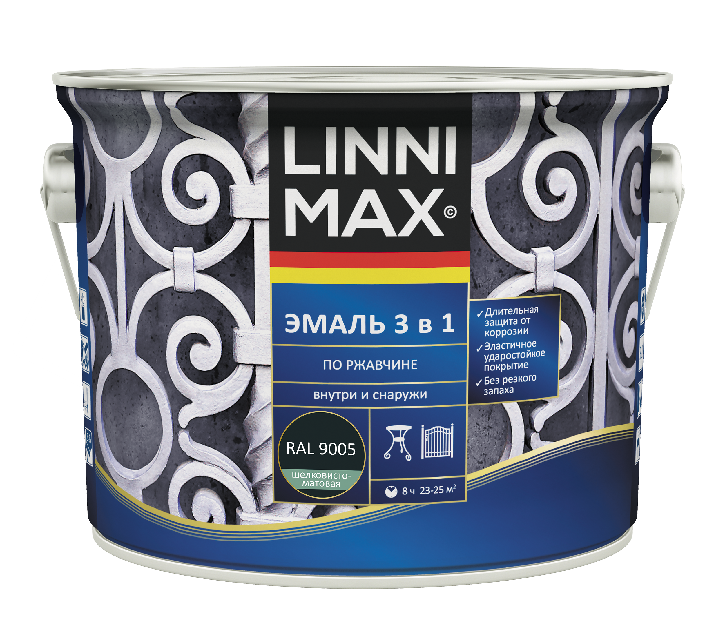 Изображение товара Эмаль LINNIMAX алкидно-уретановая по ржавчине 3 в 1 черная 2,5л