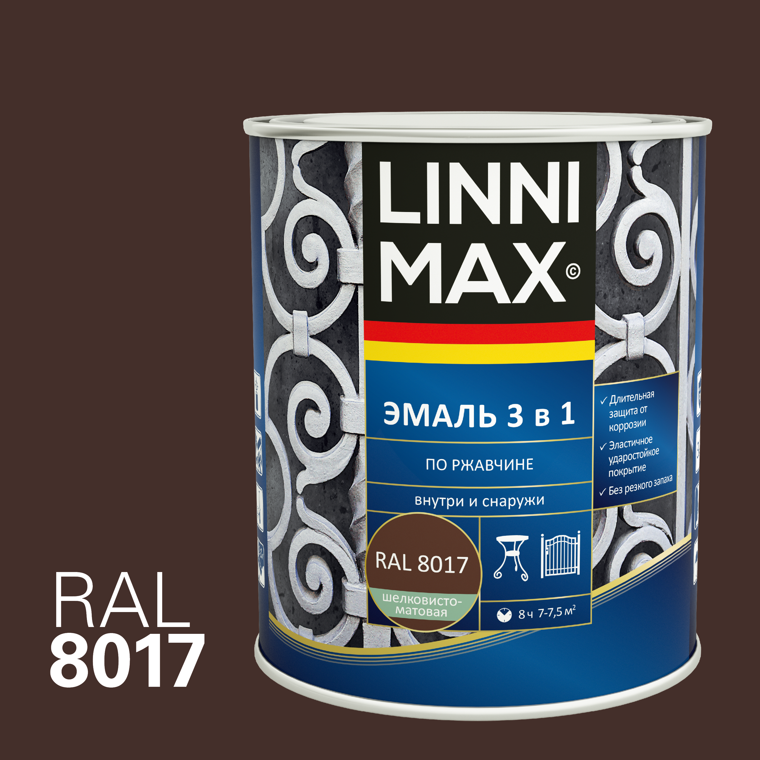 Изображение товара Эмаль LINNIMAX алкидно-уретановая по ржавчине 3 в 1 шоколадная 0,75 л