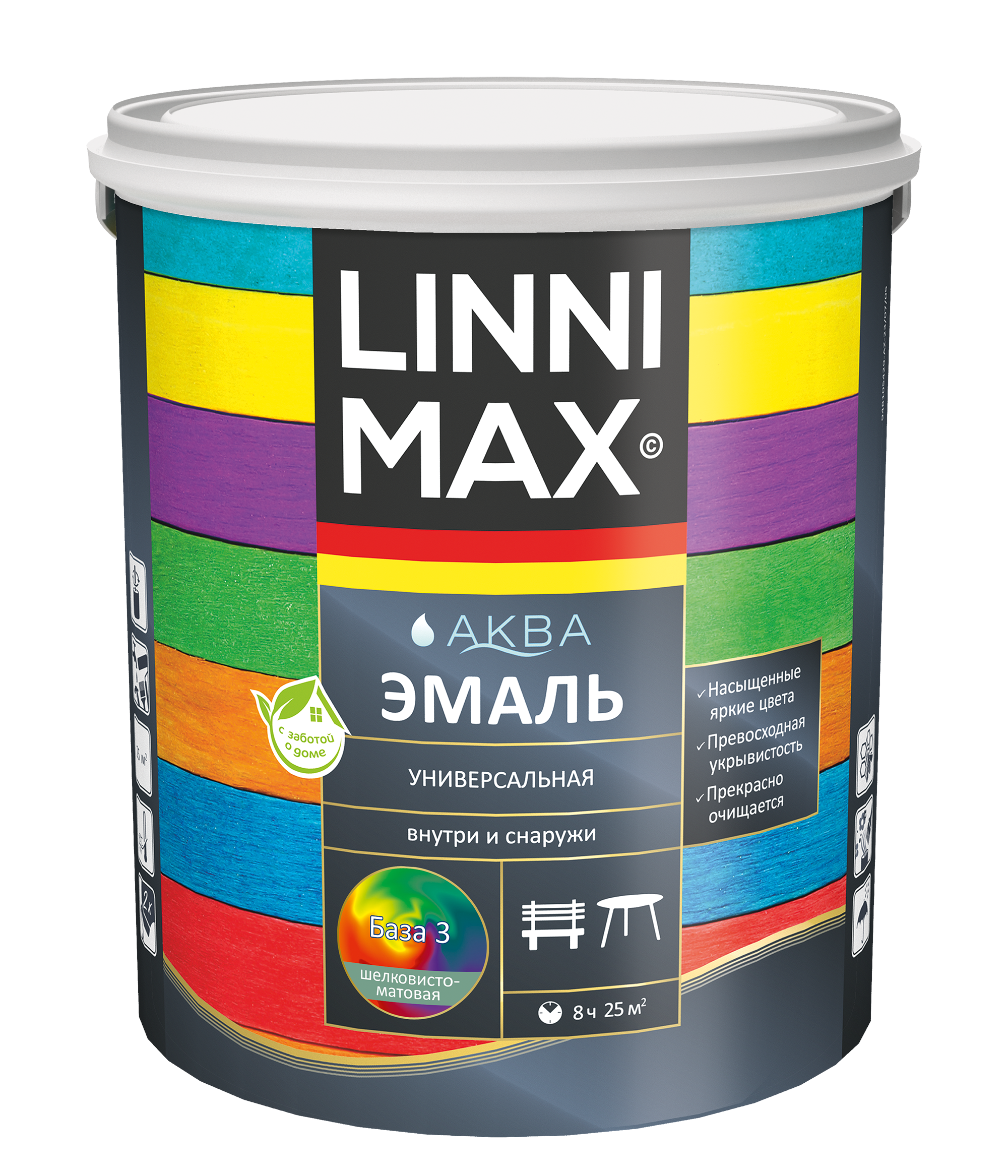 Изображение товара Акриловая эмаль LINNIMAX Аква универсальная шелковисто-матовая 2,35 л для фасадов и древесины