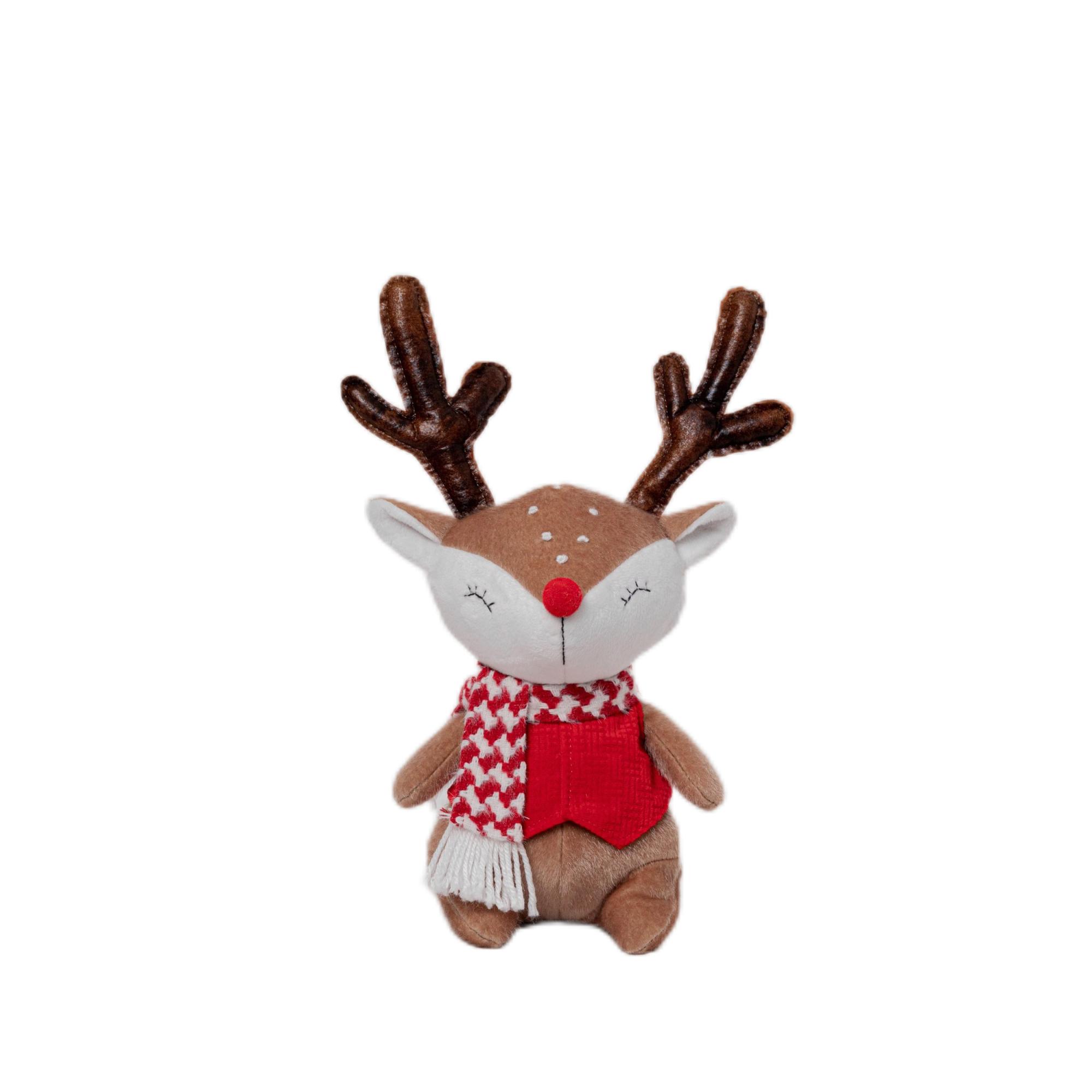Изображение товара Новогодний декор Олень в красной жилетке и шарфе 34 см праздничное украшение