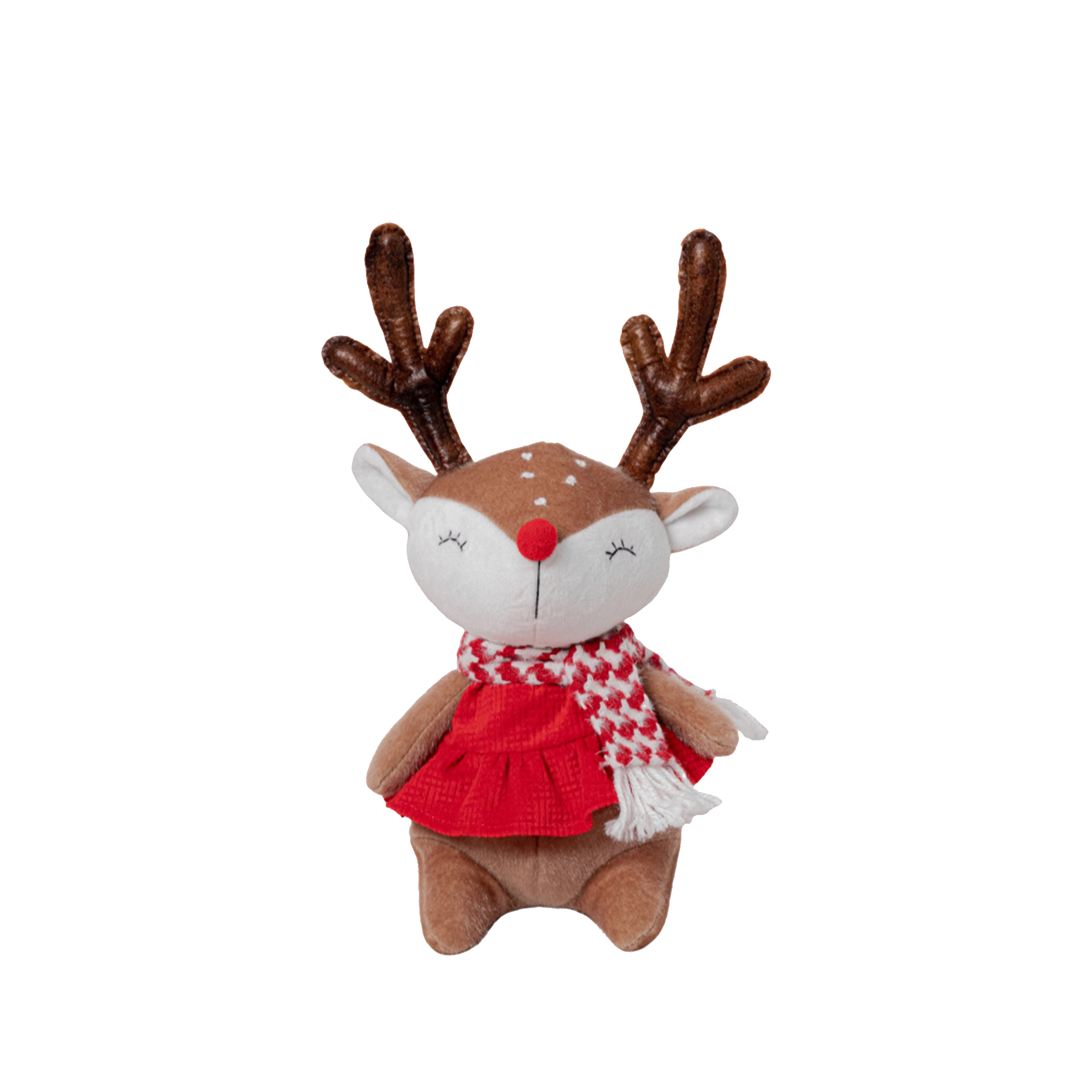 Изображение товара Новогодний декоративный олень в красном платье с шарфом 34 см