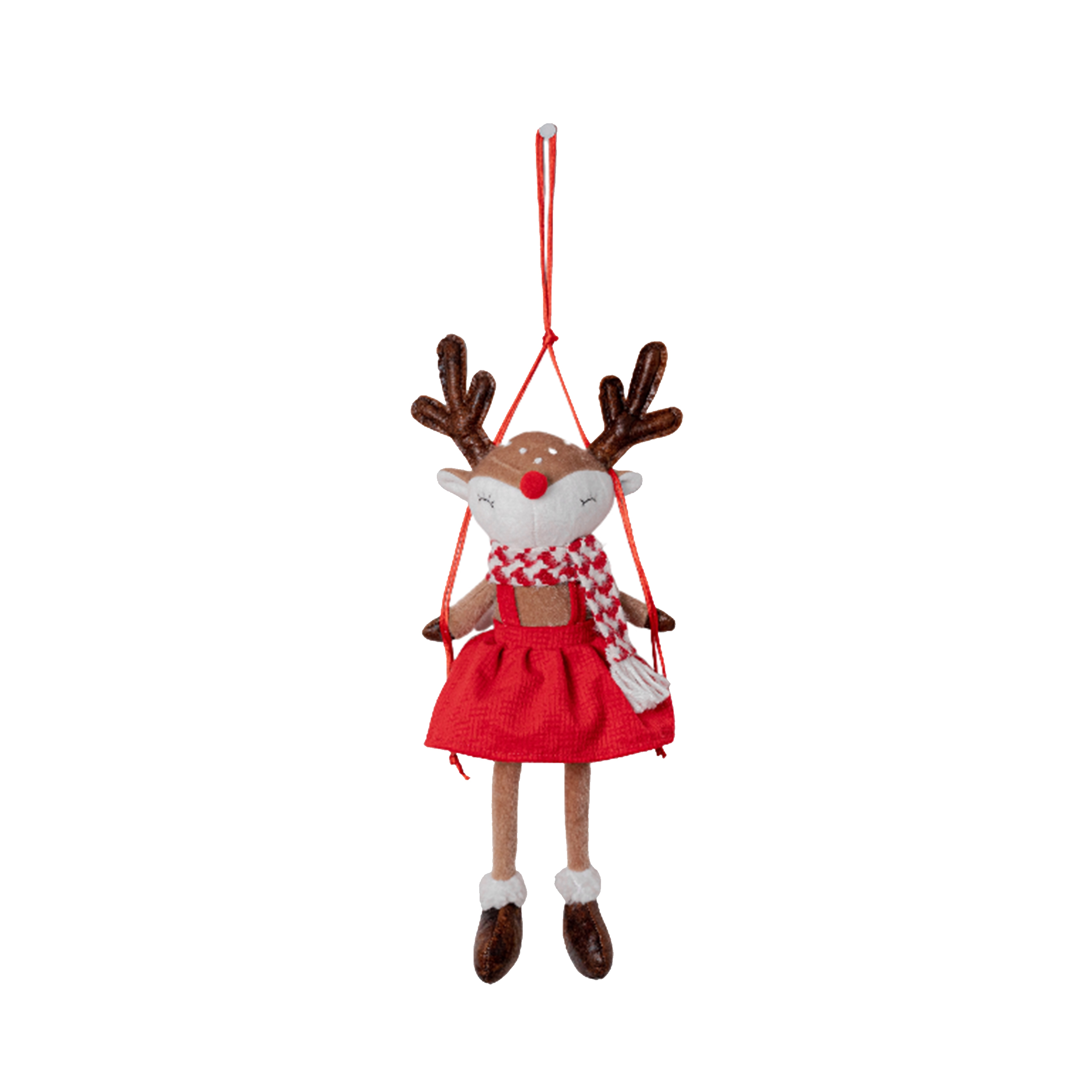 Изображение товара Новогодний олень на качелях в красном сарафане 40 см декоративный праздничный элемент