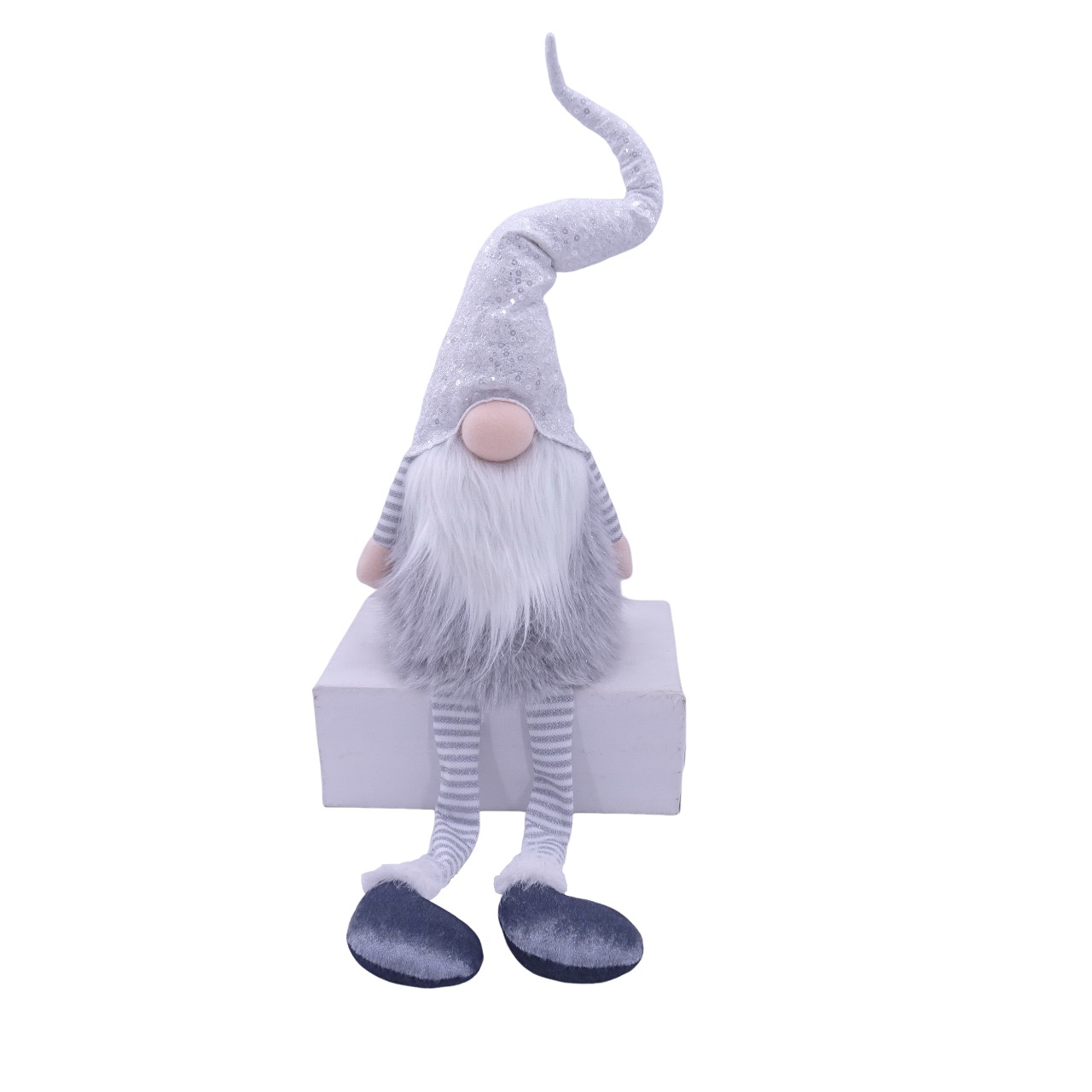 Изображение товара Новогодний декор Санта в серой шубке и белом колпаке 75 см сидячий