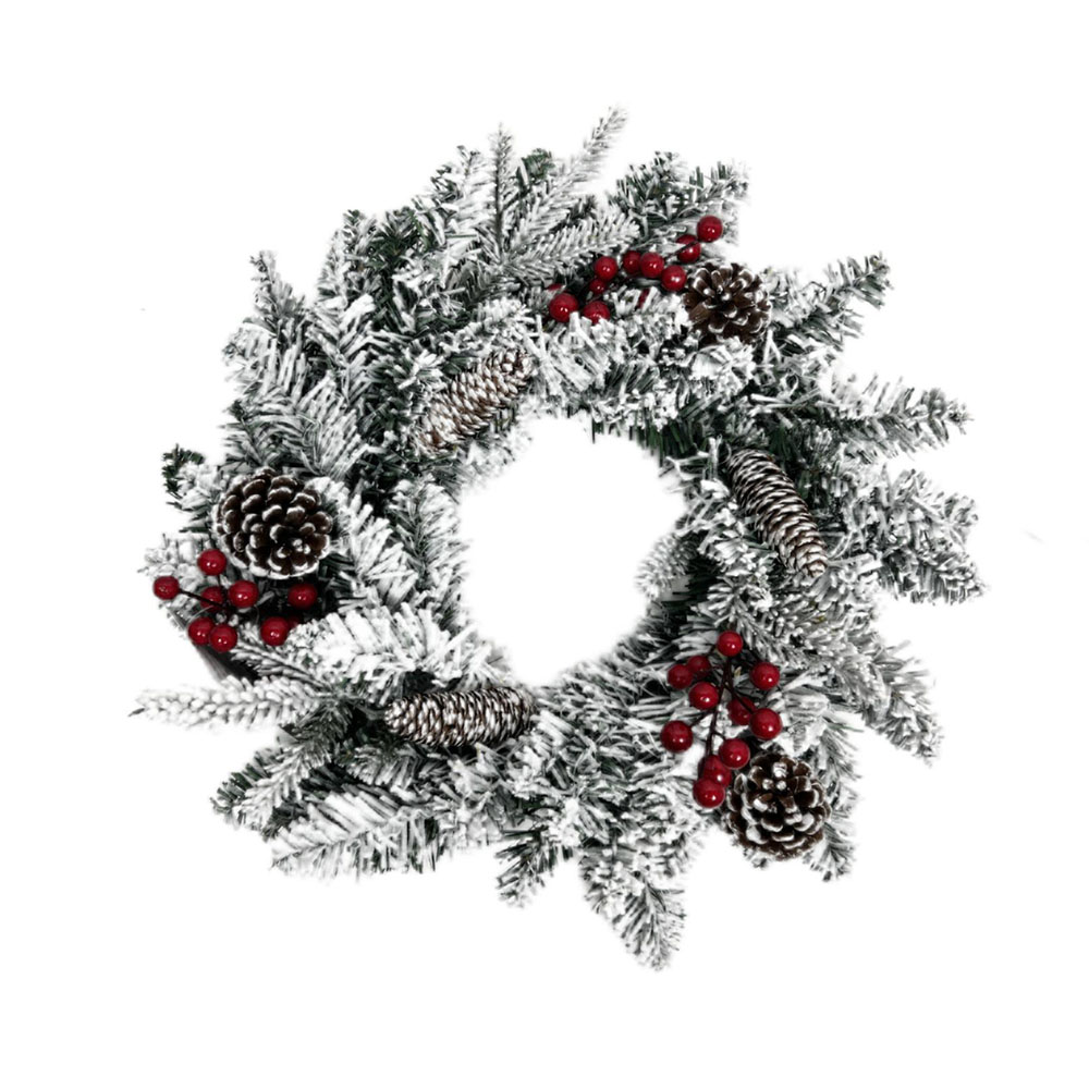 Изображение товара Новогодний заснеженный венок с шишками и ягодами 45х45х12 см
