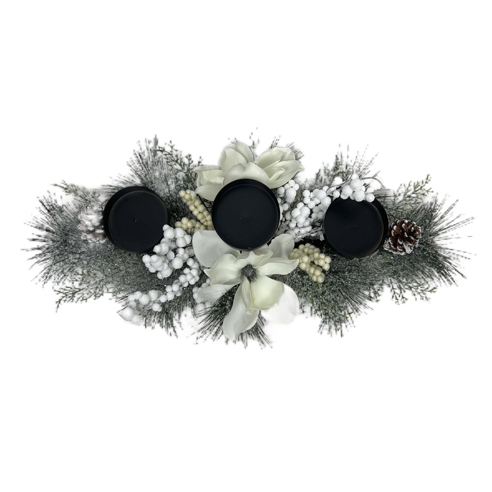 Изображение товара Новогодний декоративный подсвечник на 3 свечи с магнолией и ягодами 71х30х15 см