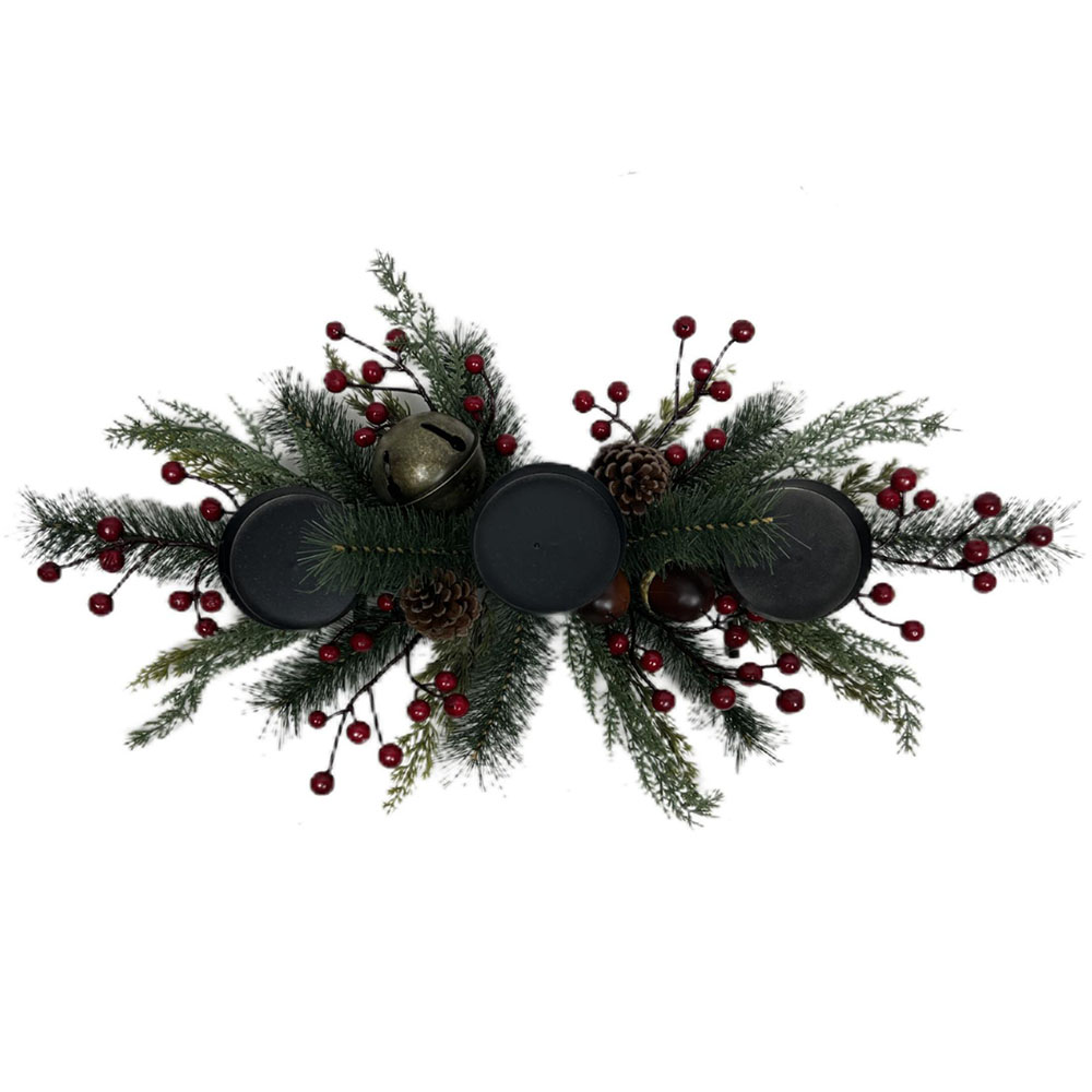 Изображение товара Новогодний декоративный подсвечник на 3 свечи с шишками и ягодами 71х30х15 см