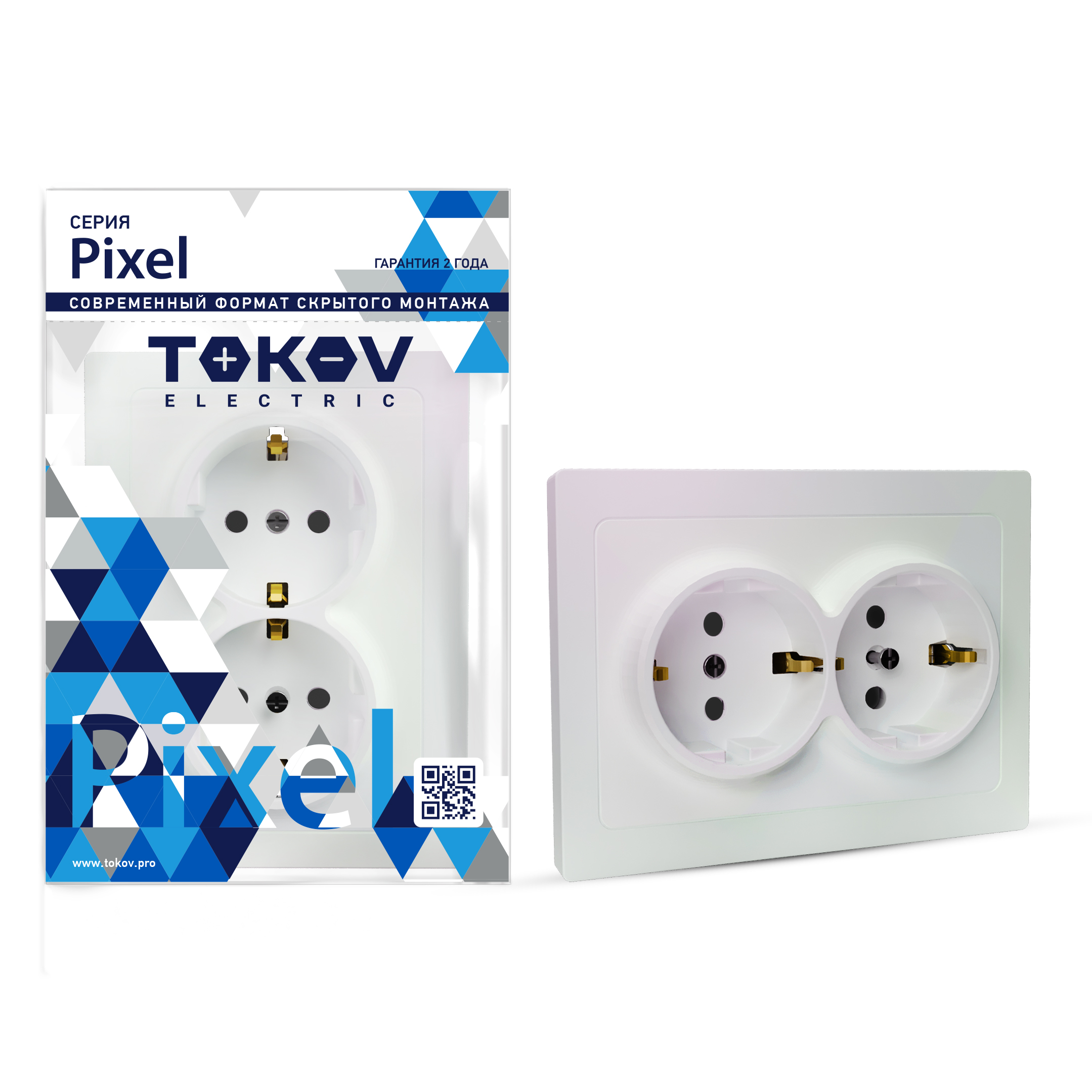 Изображение товара Розетка электрическая 2 поста TOKOV ELECTRIC PIXEL перламутр