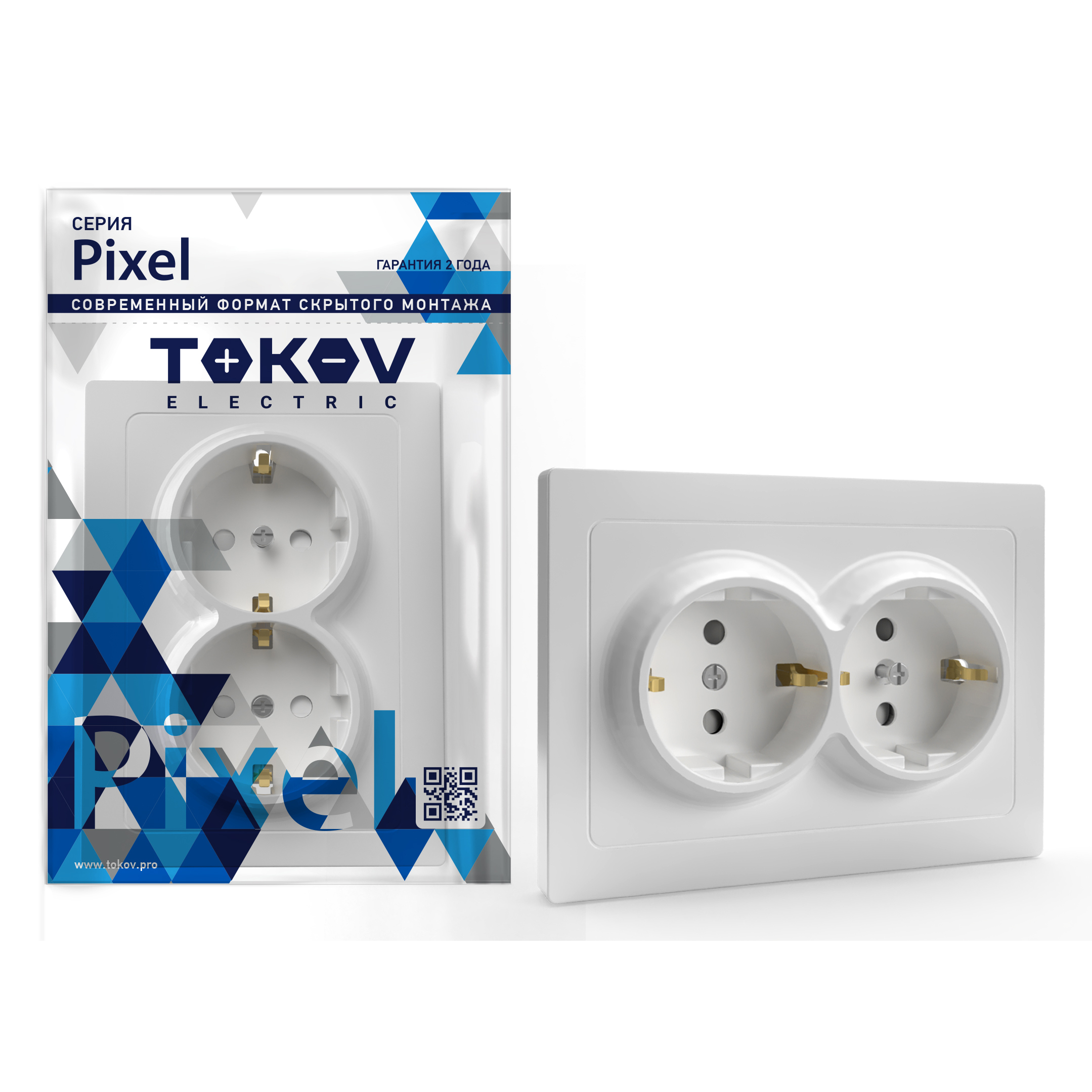Изображение товара Розетка электрическая 2 поста TOKOV ELECTRIC PIXEL белый с защитой IP 20