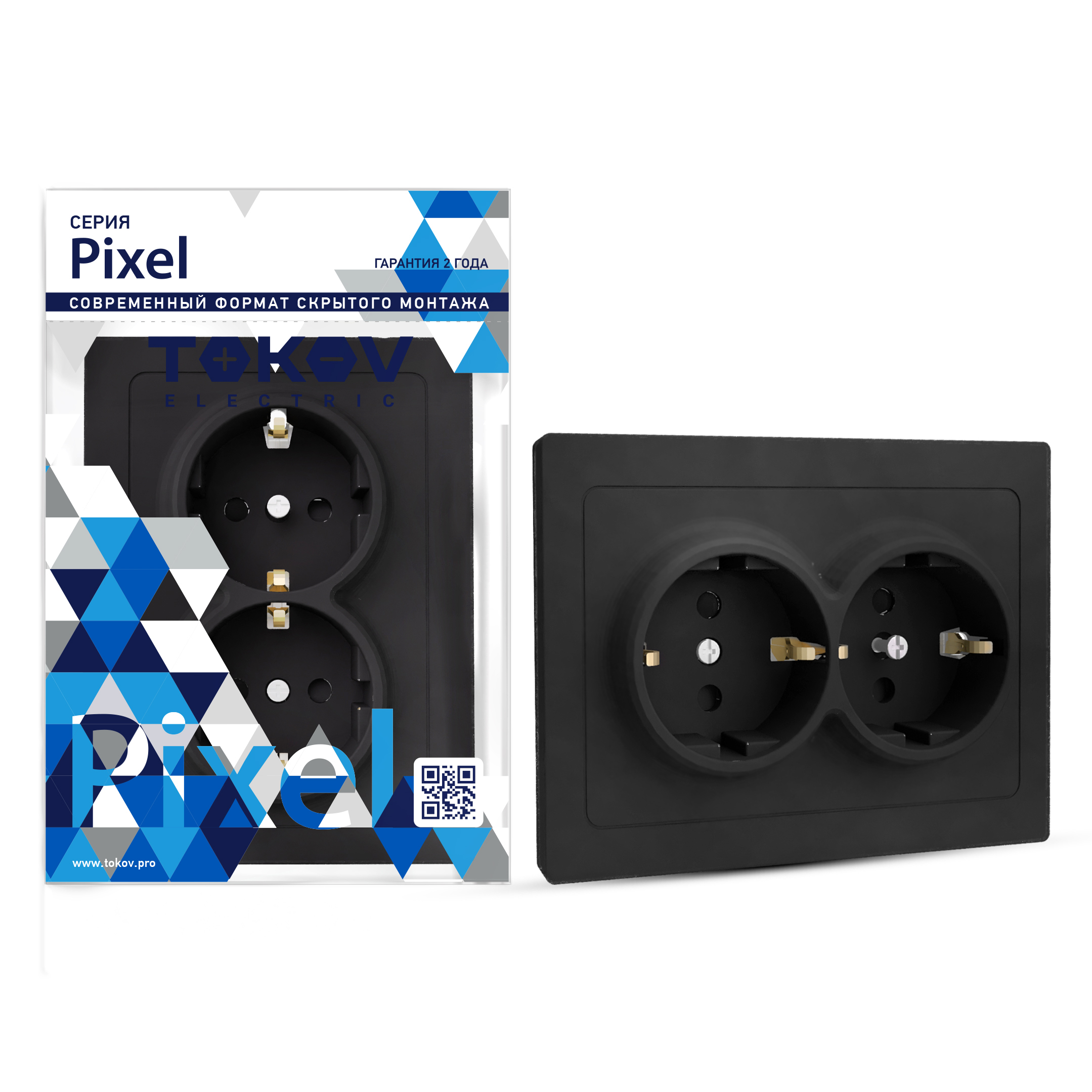 Изображение товара Электрическая розетка 2 поста TOKOV ELECTRIC PIXEL карбон с защитными шторками