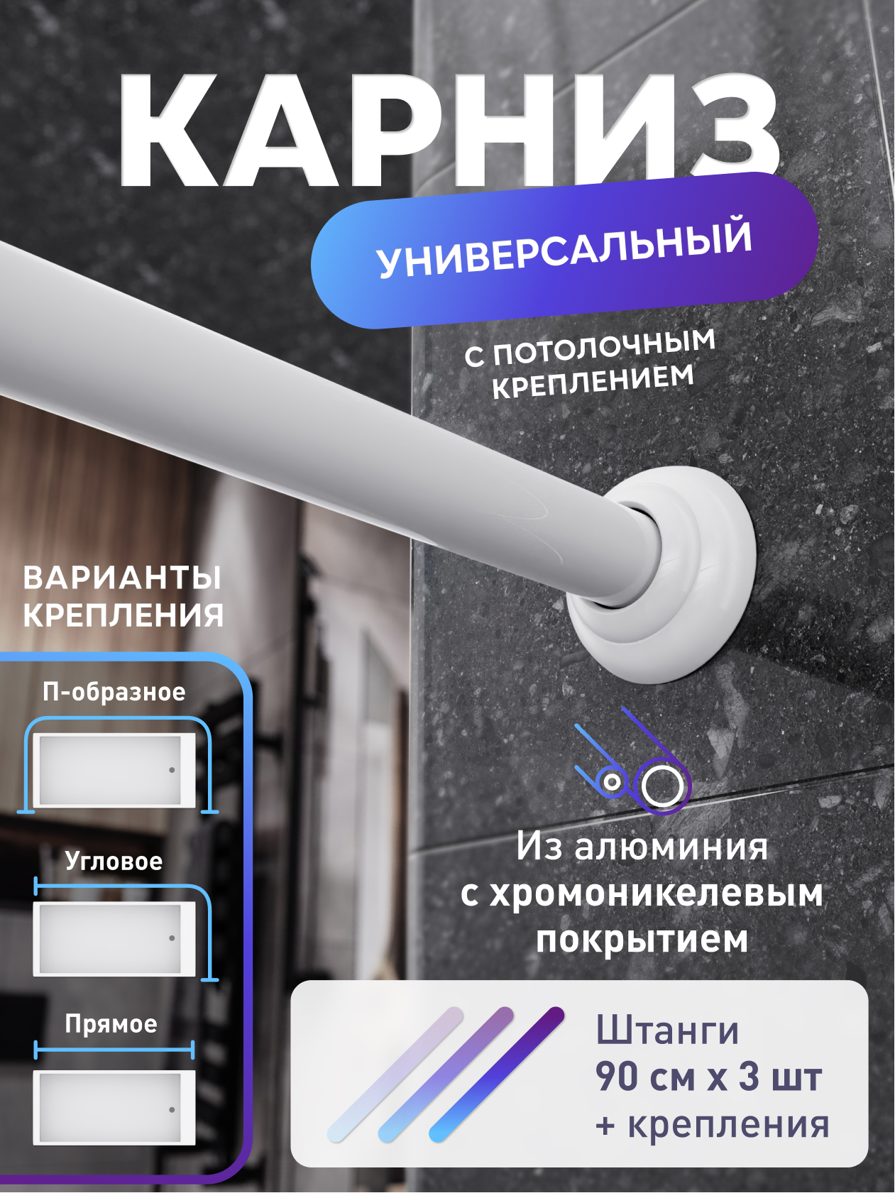 Изображение товара Алюминиевый универсальный карниз с потолочным креплением для ванной Fora