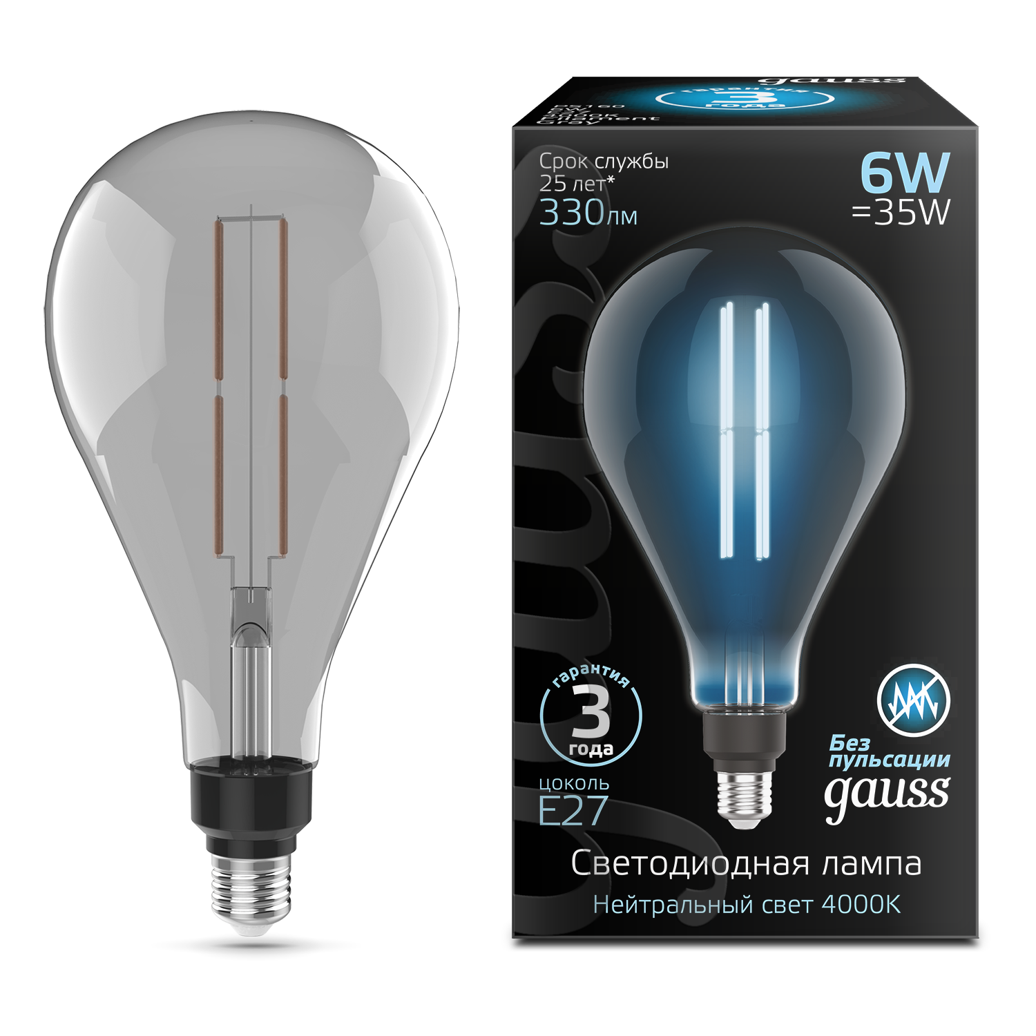 Изображение товара Лампа Gauss Filament PS160 6W 330lm 4000К Е27 gray straight LED 1/6