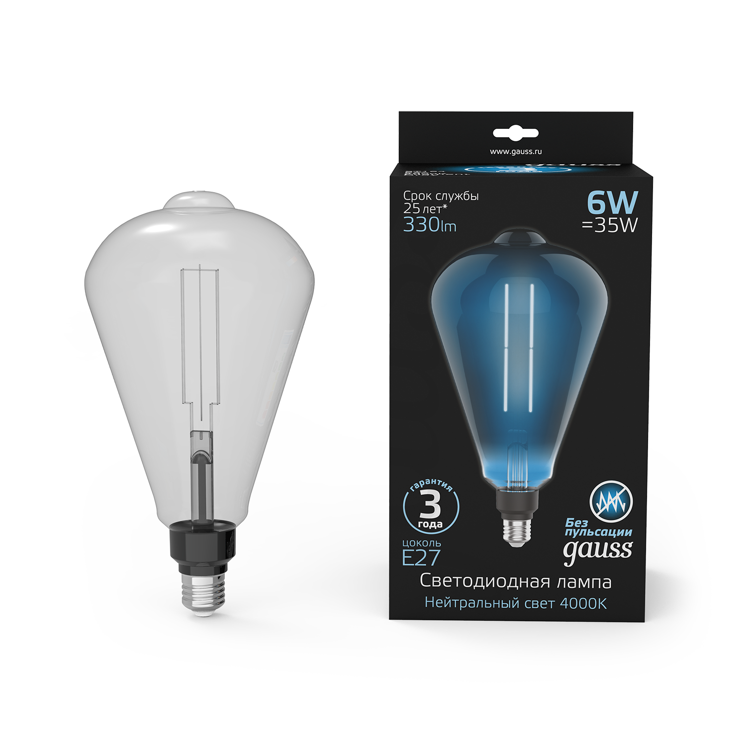 Изображение товара Лампа Gauss Filament ST164 6W 330lm 4000К Е27 gray straight LED 1/6