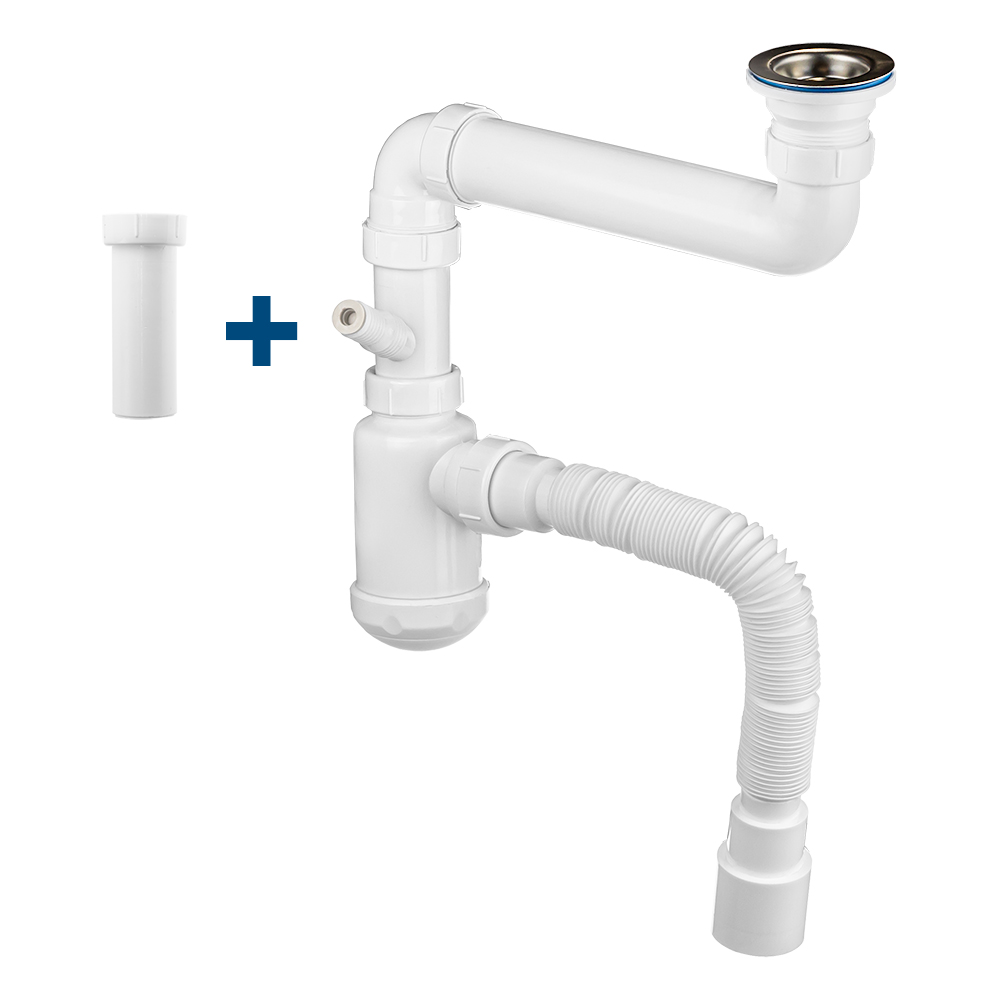 Изображение товара Сифон 2 в 1 для кух. 1.1/2"х40,со СМЕЩ.(вып.с нерж.реш.,с/без отв.для стир.маш.) с г.т. 40х40/50