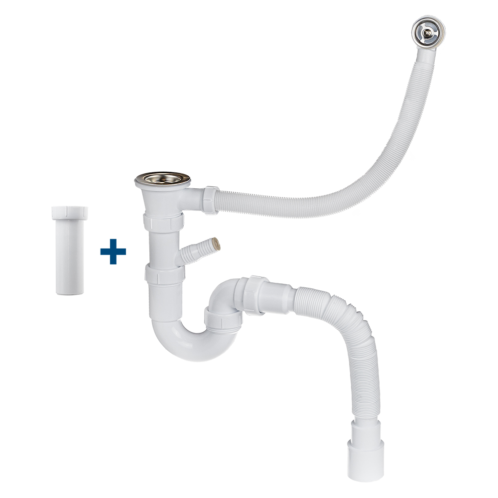 Изображение товара Сифон 2в1 для кухонной мойки с нержавеющей решеткой, 1.1/2 дюйма, длина 40 мм